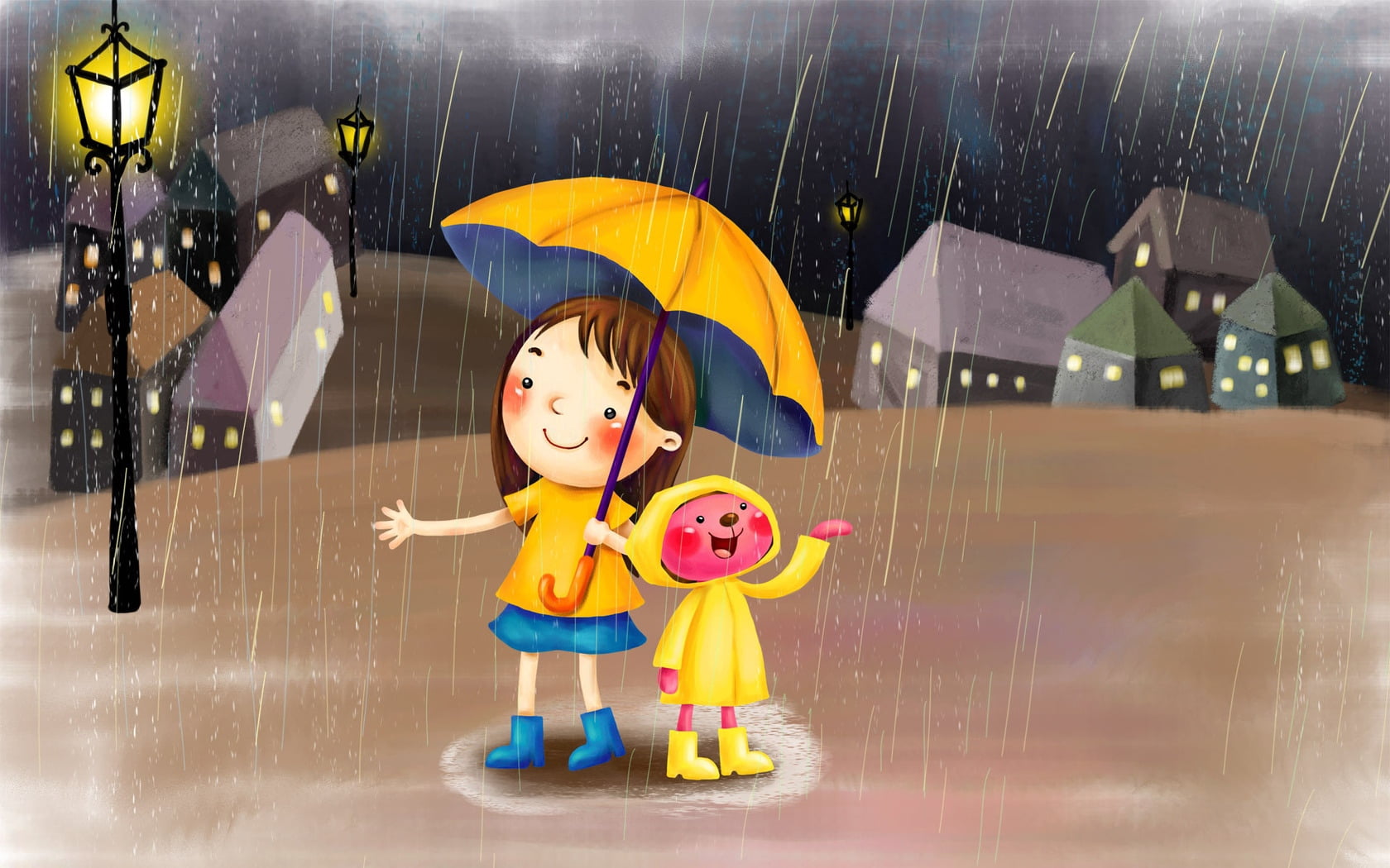 brown-haired female cartoon character, rain, umbrella, flashlight