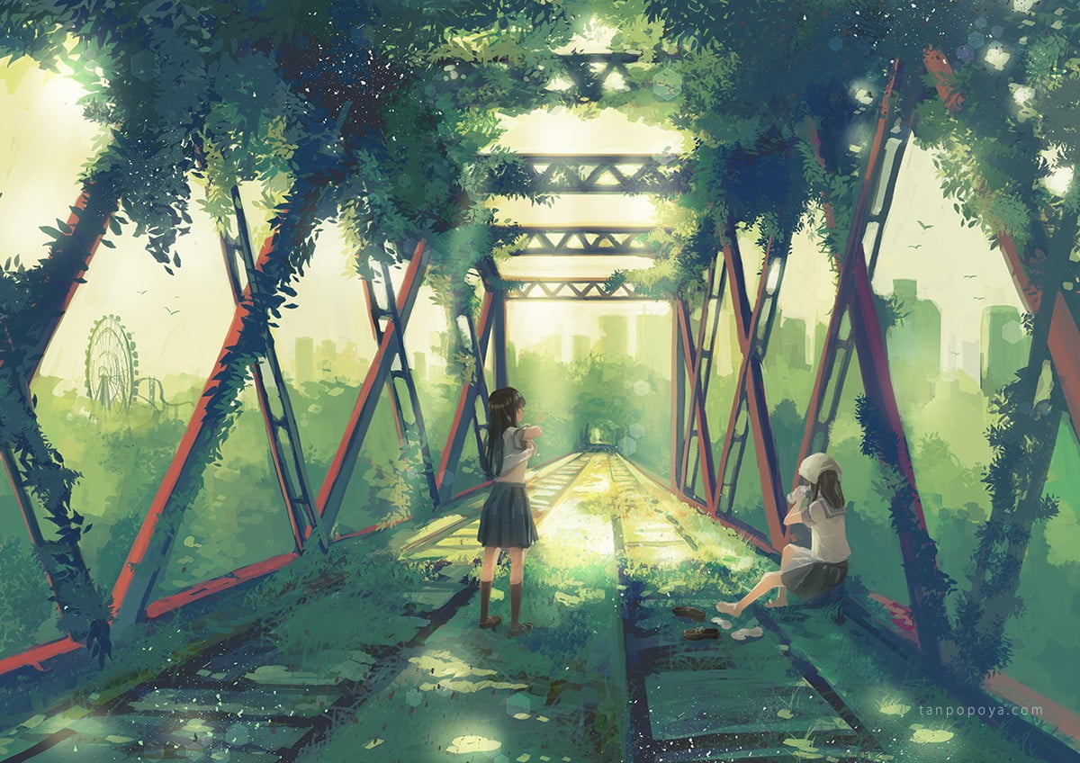two female anime characters on bridge wallpaper, two girls cartoon character standby in railways