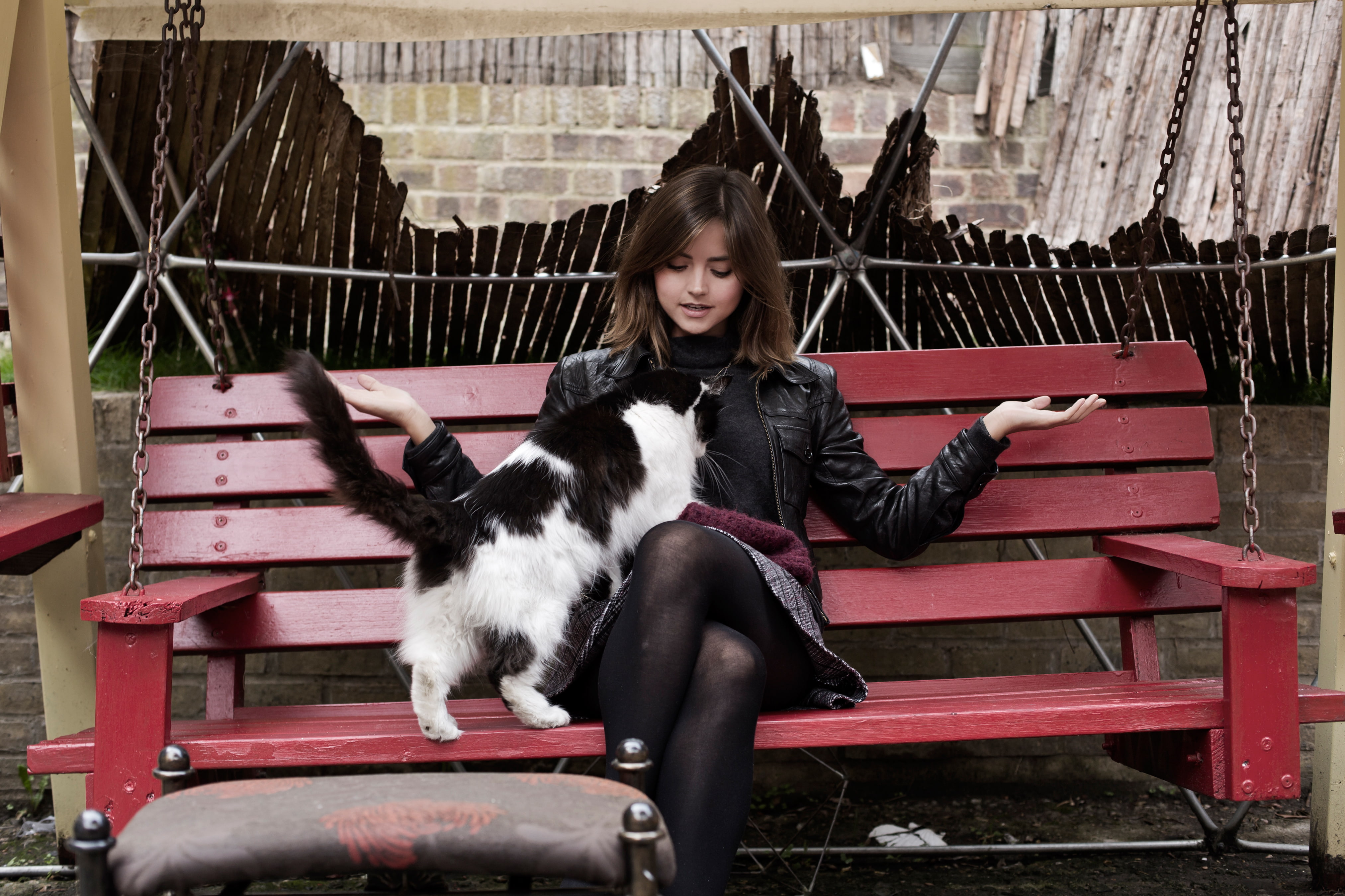 cat, bench, swing, actress, brunette, Jenna Coleman, Yakub Merchant