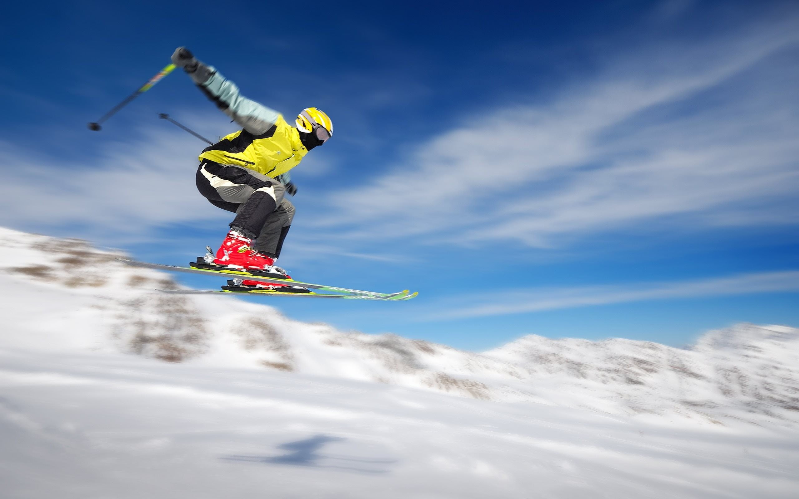 yellow and white jacket, sky, sport , flying, snow, winter, jumping