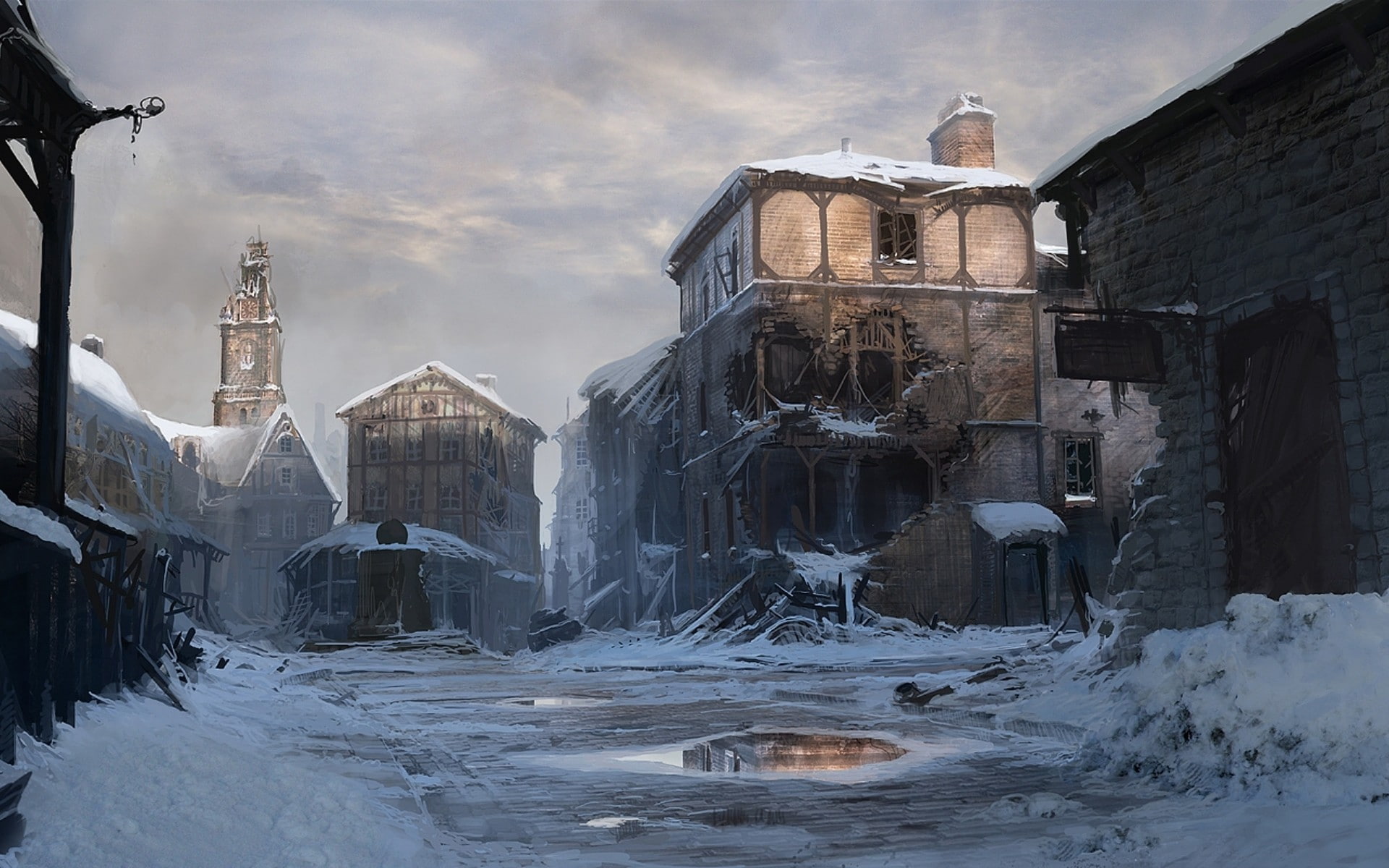 winter, snow, ruin, apocalyptic, dark, building