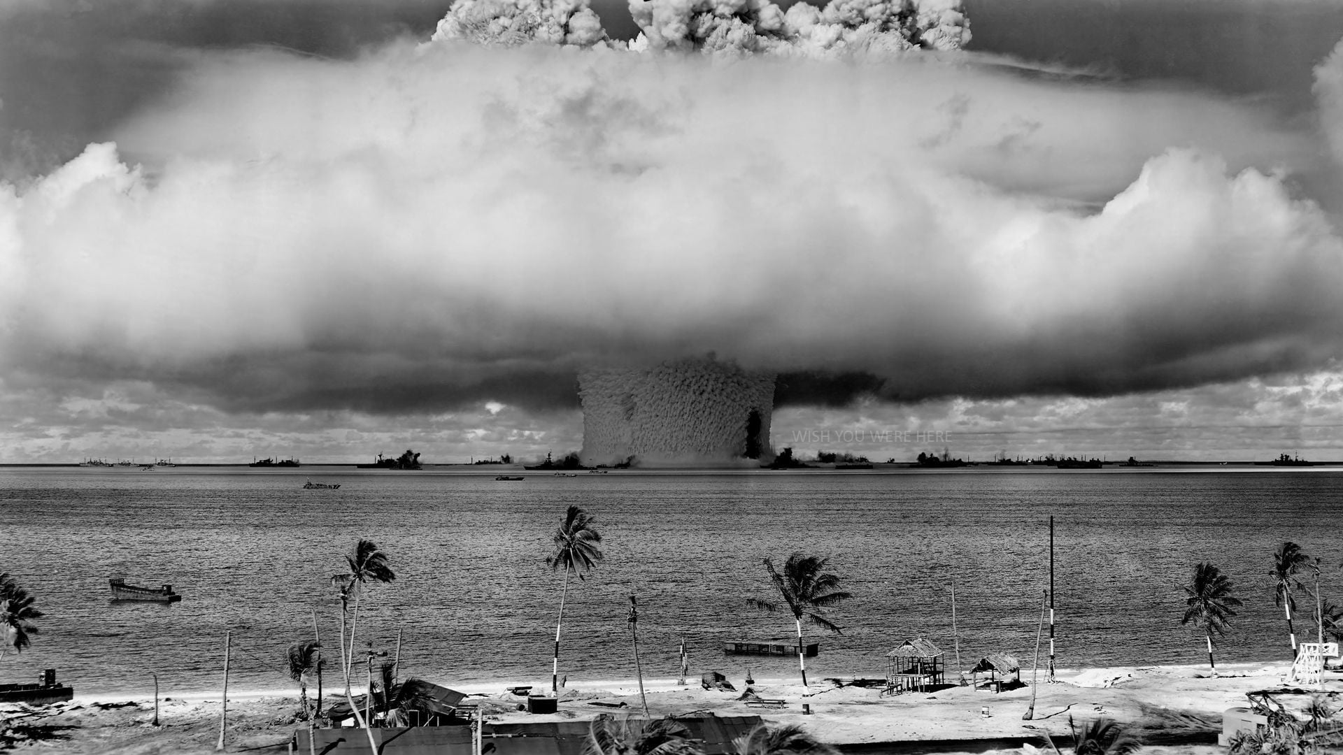 coconut trees, nuclear, bombs, beach, Bikini Atoll, explosion