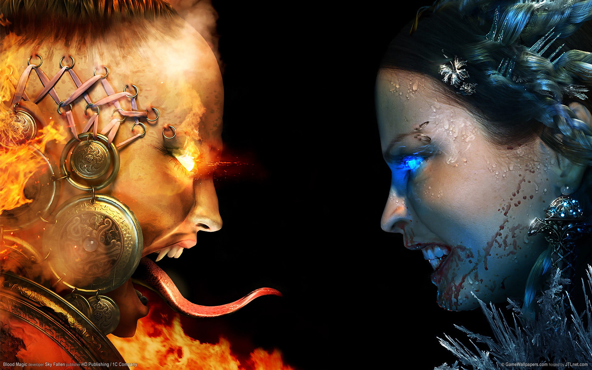 two female character wallpaper, Girls, Fire, Ice, blood magic
