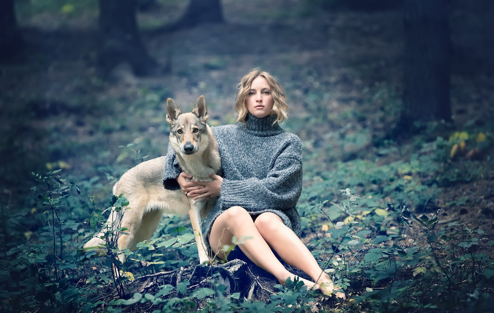 dog, women, animals, model, mammals, legs, sitting, blonde