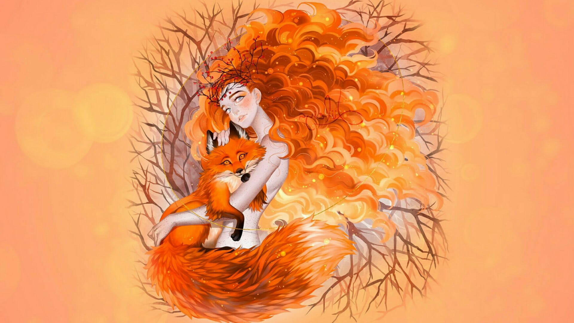 dream, fox, fairy, long hair, art, woman, orange, illustration