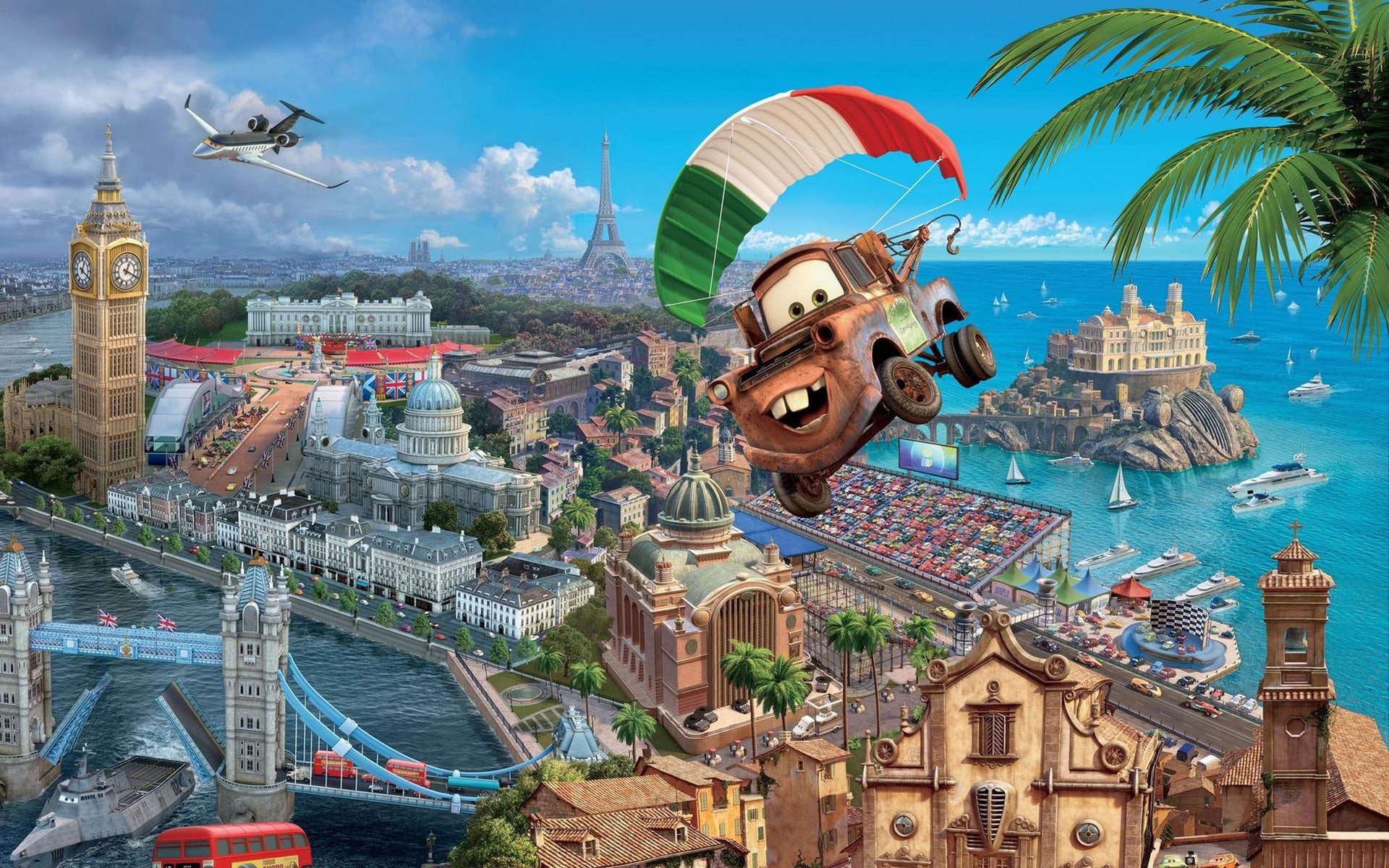 Flying Mater, tow mater paragliding illustration, pixar, animation