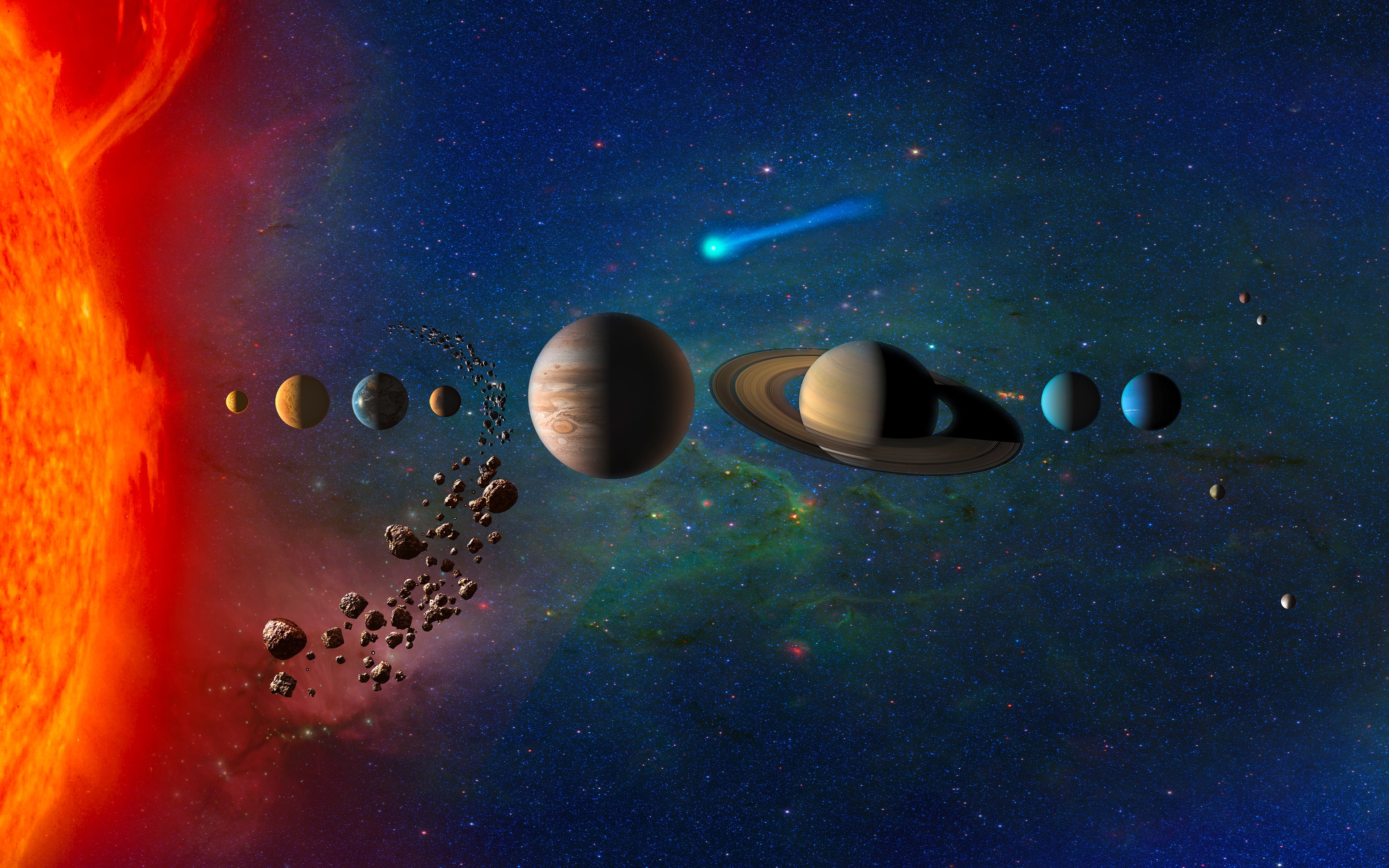 Solar System, planet, Saturn, stars, asteroids, comet, Earth