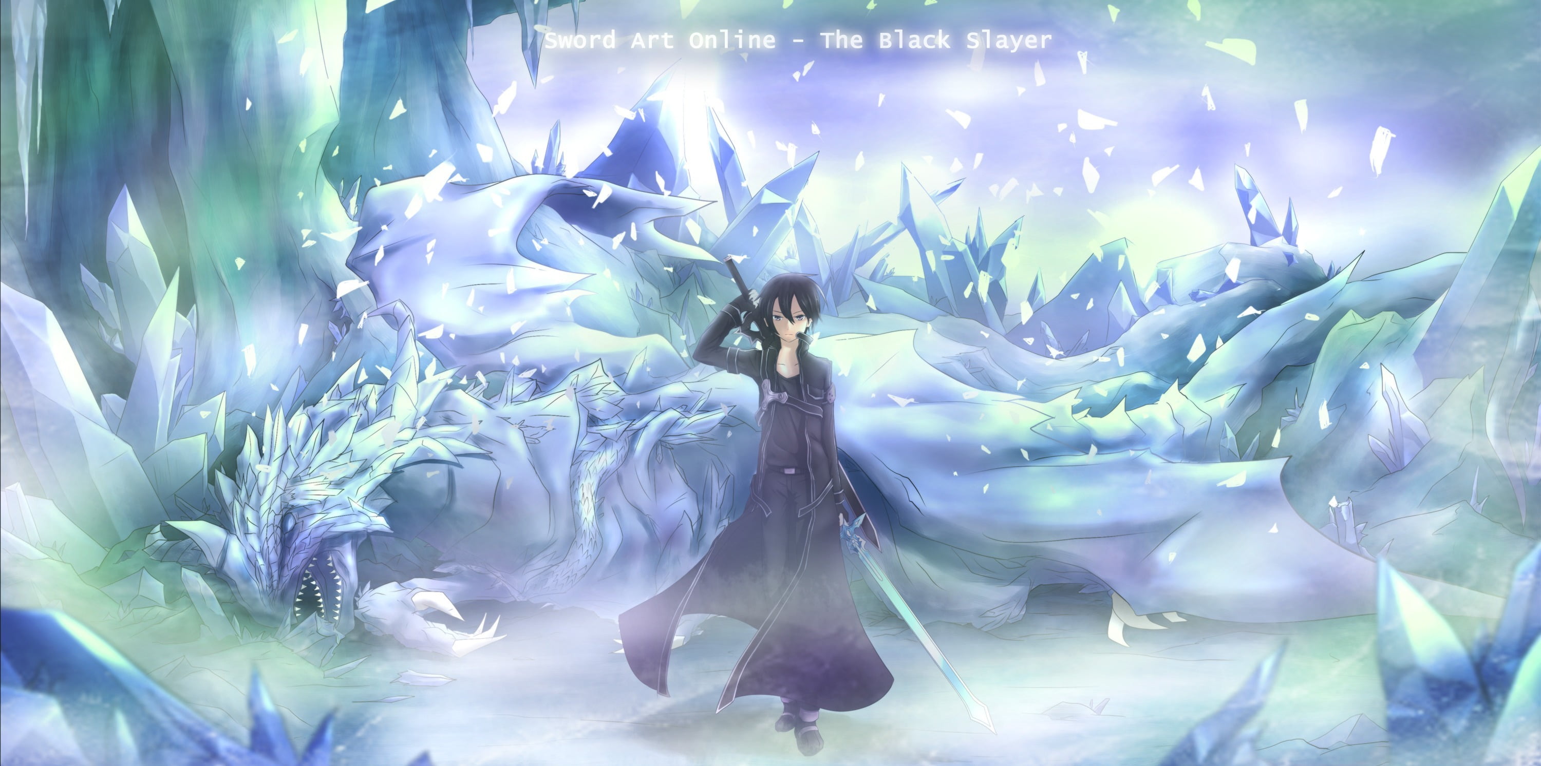 Kirito from Sword Art Online, cold, ice, weapons, dragon, anime