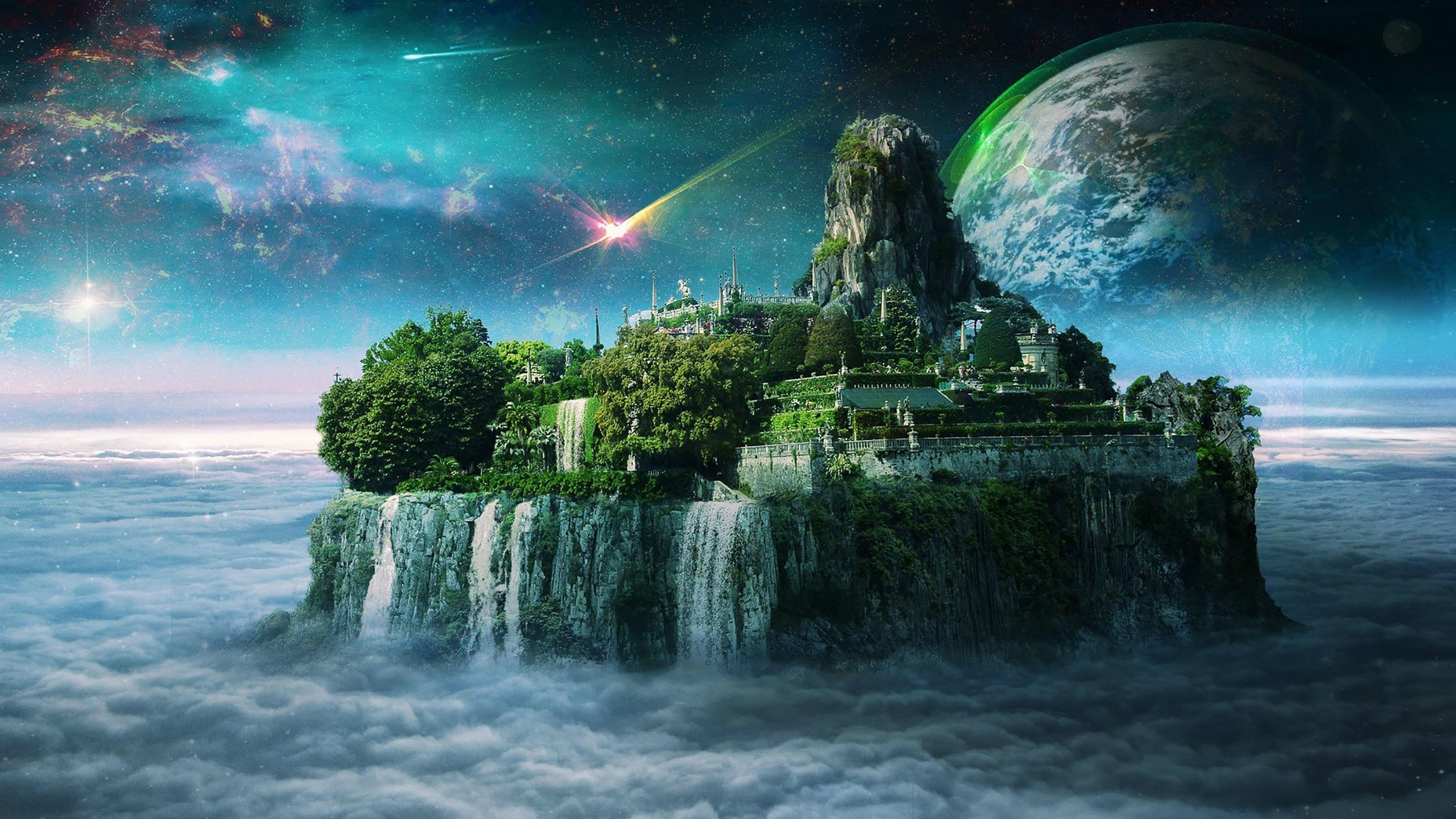 fantasy art, space art, waterfall, island, castle, city, sky
