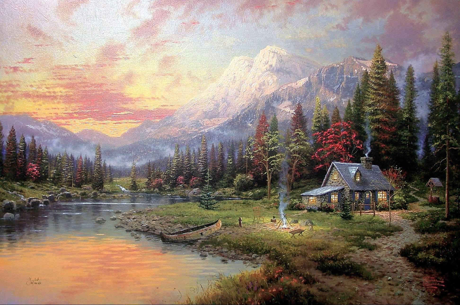Tomas Kinkade - Evening Majesty, cottage, tree, sunset, painting