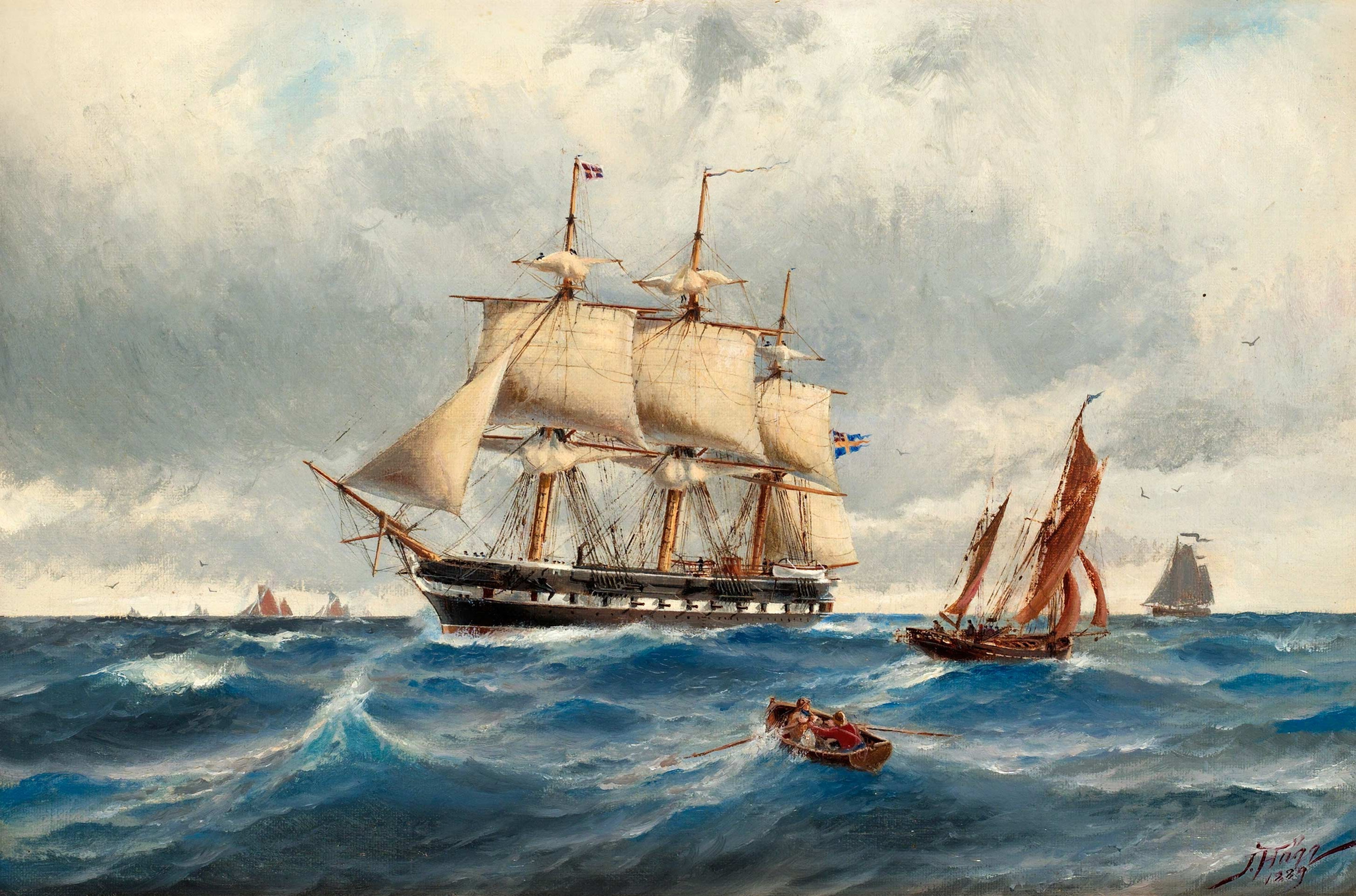 flot, painting, sailing ship, sea, artwork, classical art