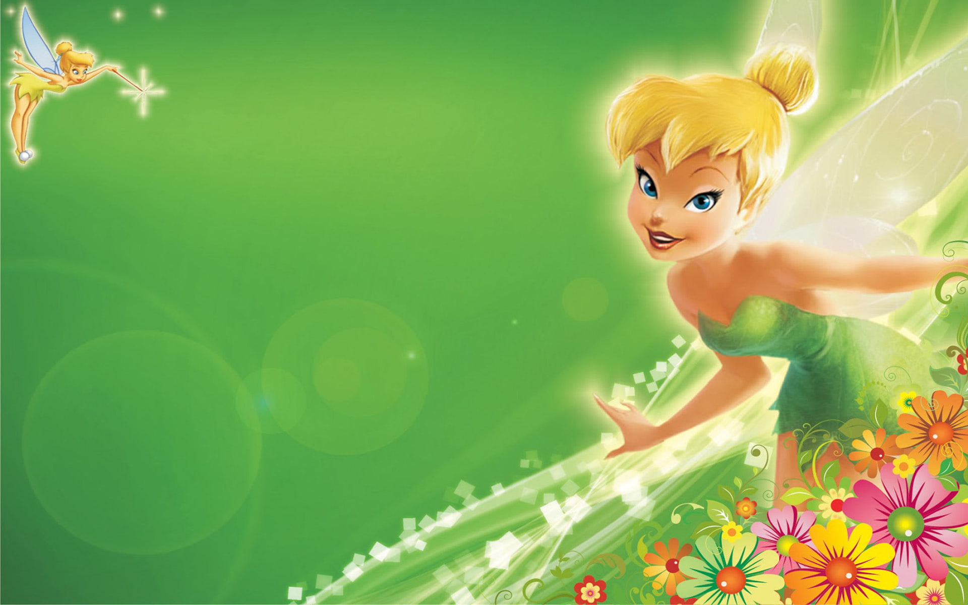 Tinkerbell Green Hd Wallpapers With Flower Decoration For Mobile Phones Tablet And Pc 1920×1200