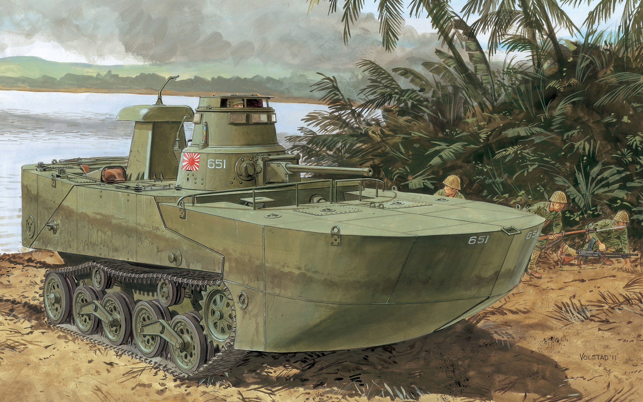 grey amphibious tank, art, Mitsubishi, under, landing, name, Japanese