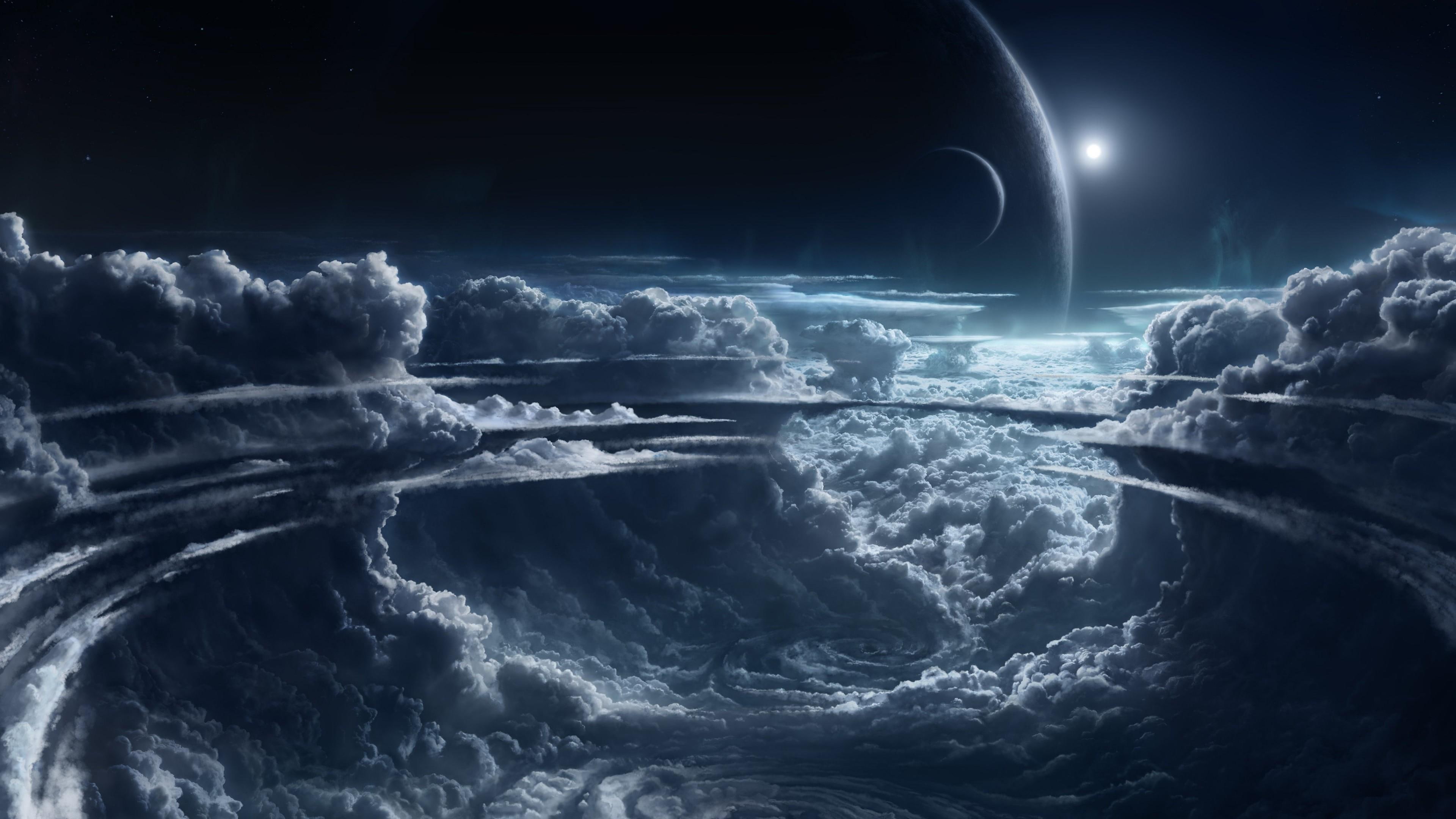 space art, fantasy art, sky, clouds, moonlight, universe, planet