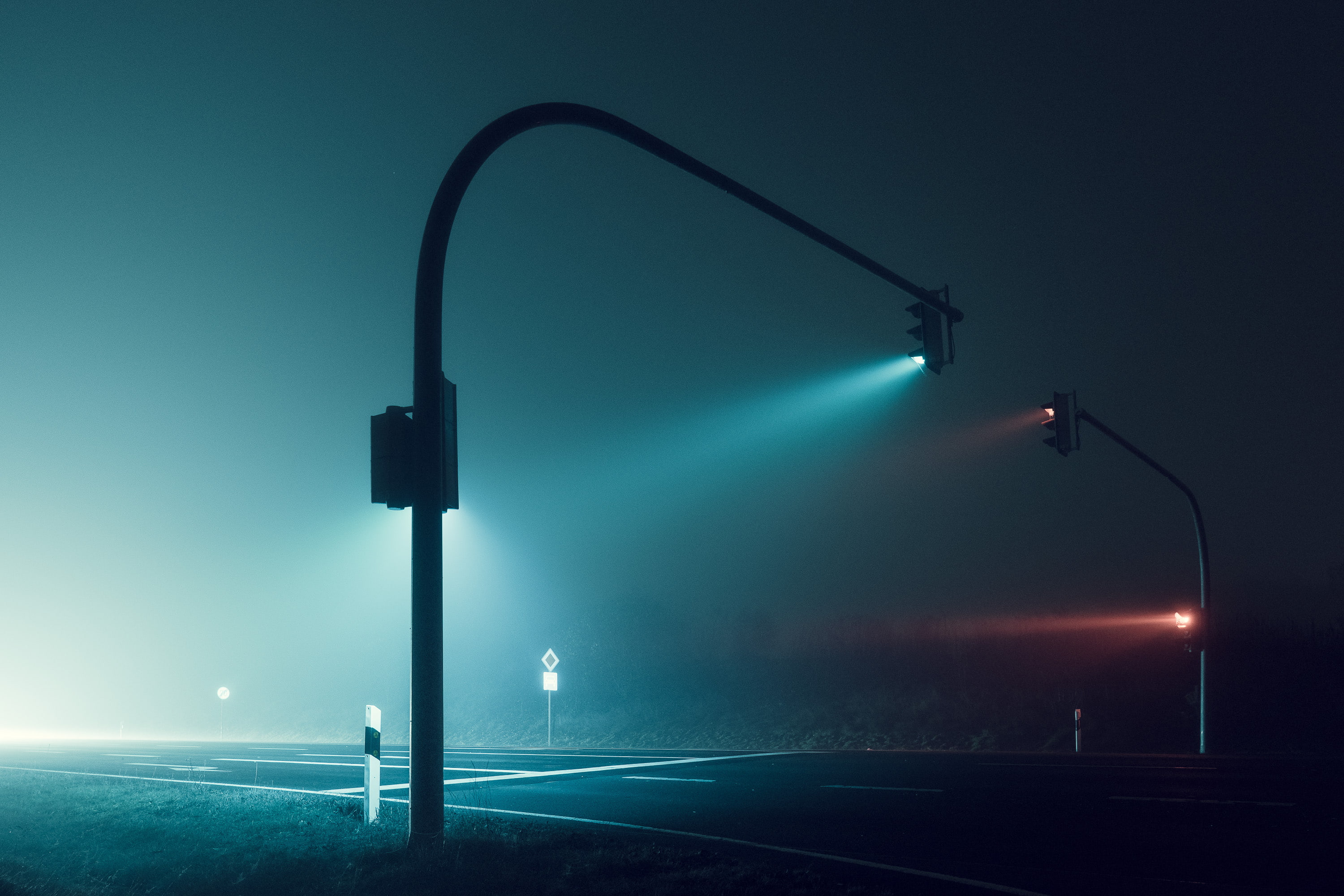 Traffic lights, Foggy night, Road, HD