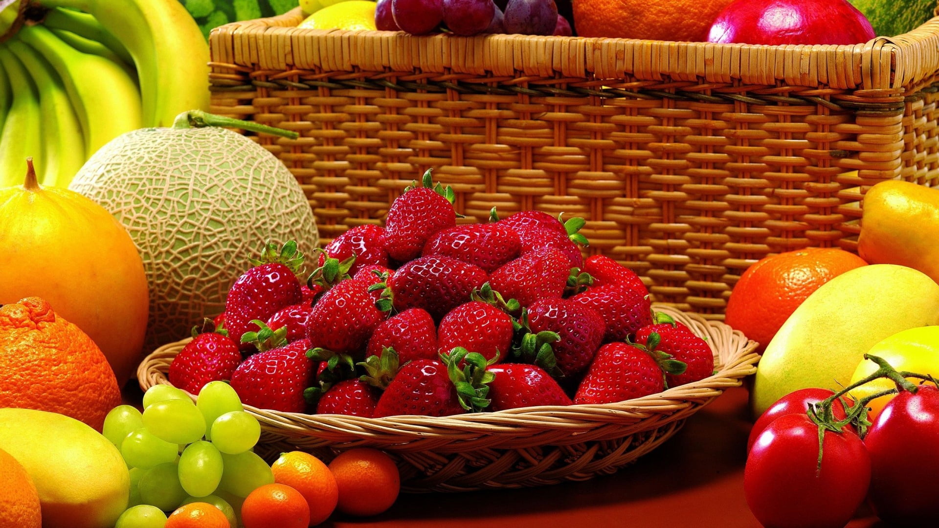 variety of fruits, berries, strawberries, cantaloupe, grapes