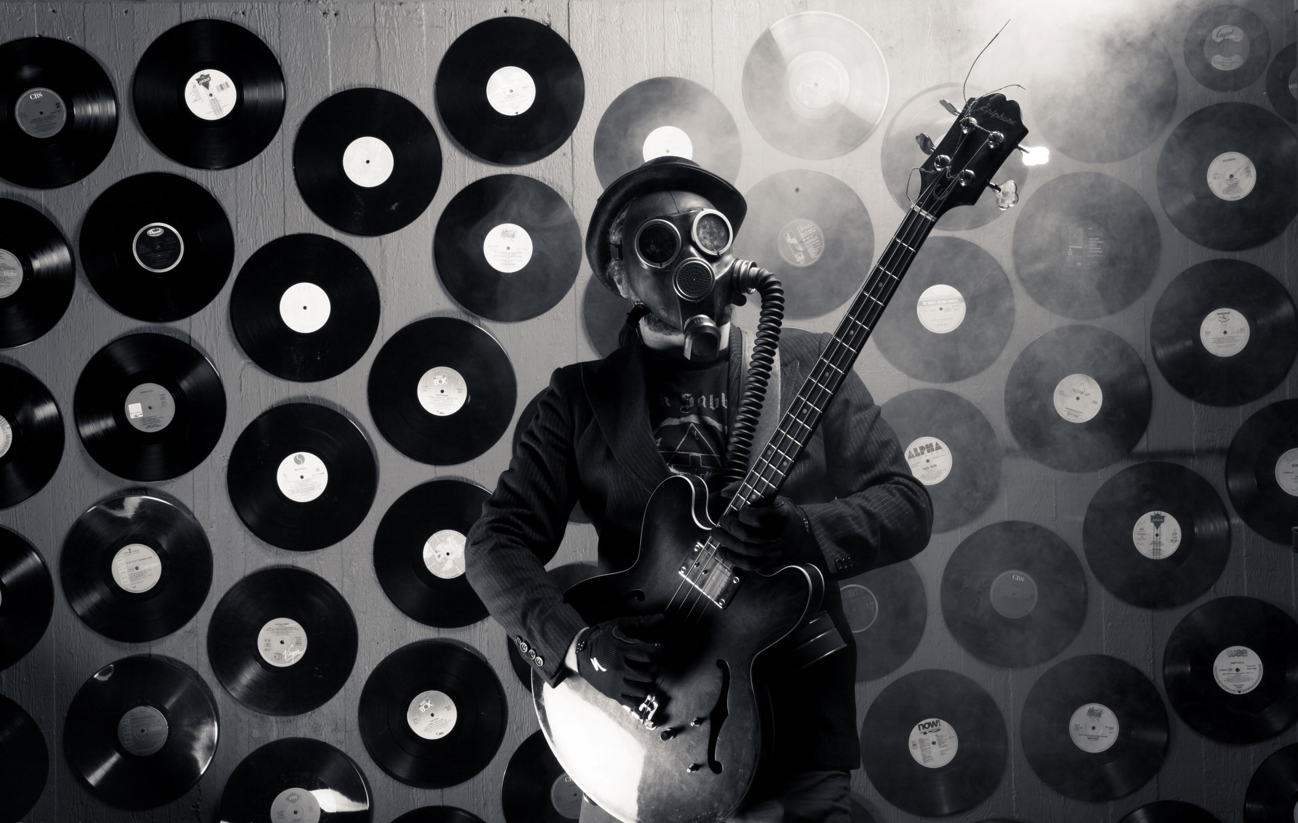 photo of bassist, music, people, guitar, gas mask, musical instrument