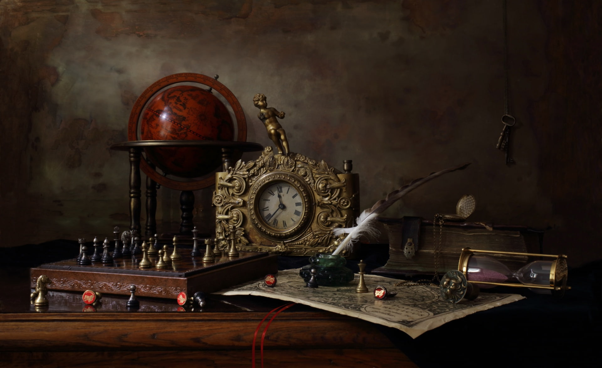 pen, watch, key, chess, figurine, still life, globe, ink