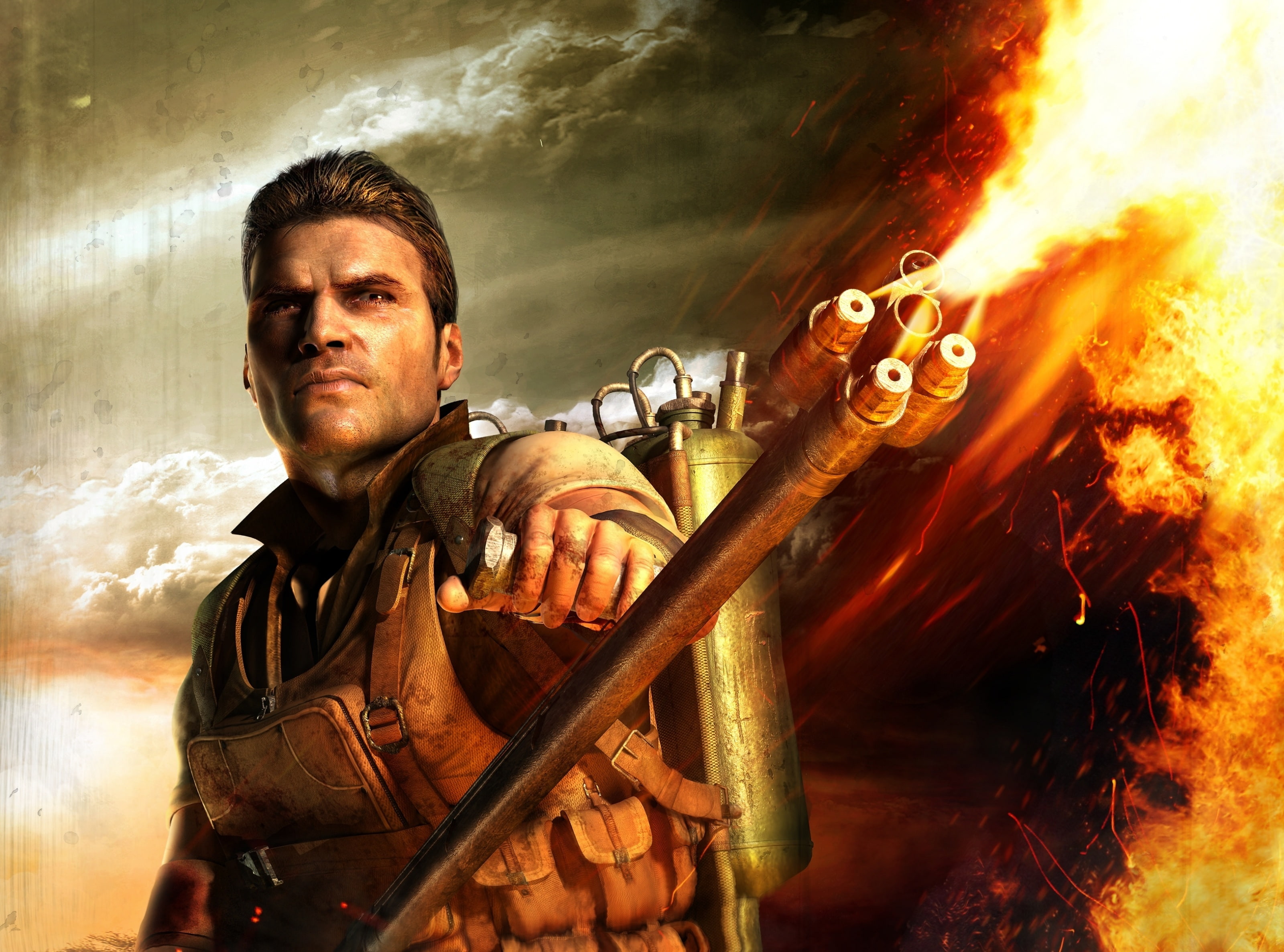 Far Cry 2 Flamethrower, man holding flaming weapon wallpaper