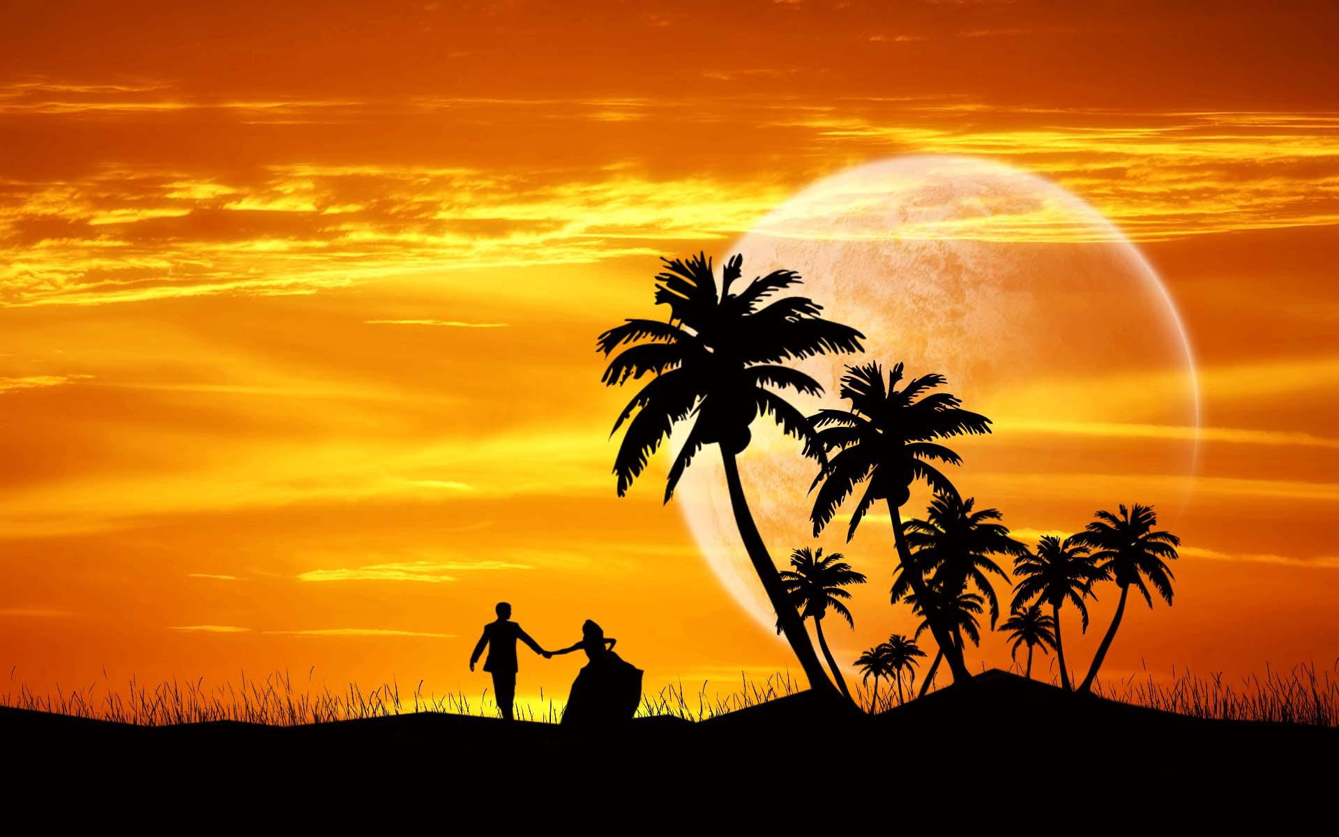 Couple Dance Evening, silhouette of couple and coconut trees