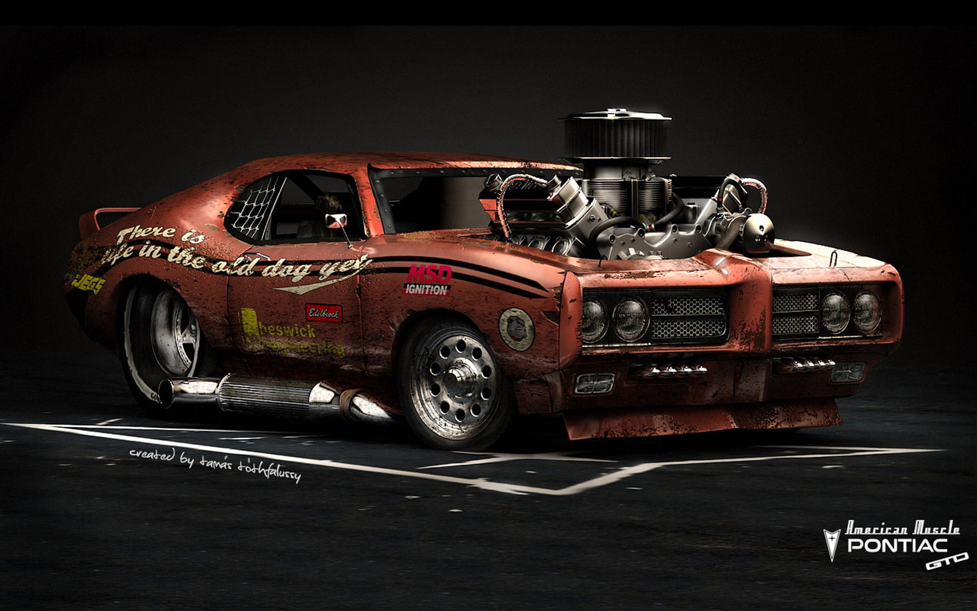 red sport car, CGI, Pontiac, Pontiac GTO, muscle cars, render