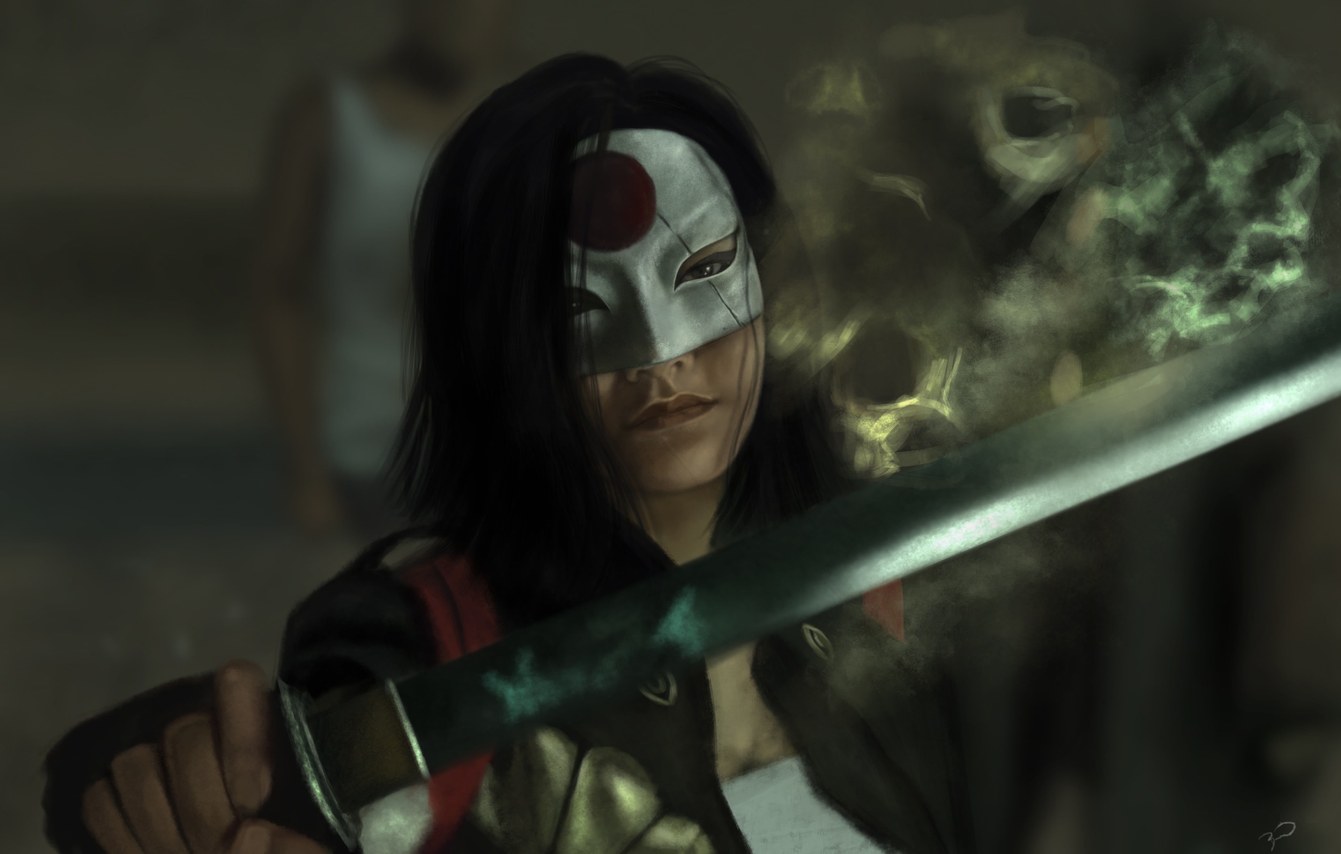 Katana of Suicide Squad, girl, sword, mask, art, Karen Fukuhara