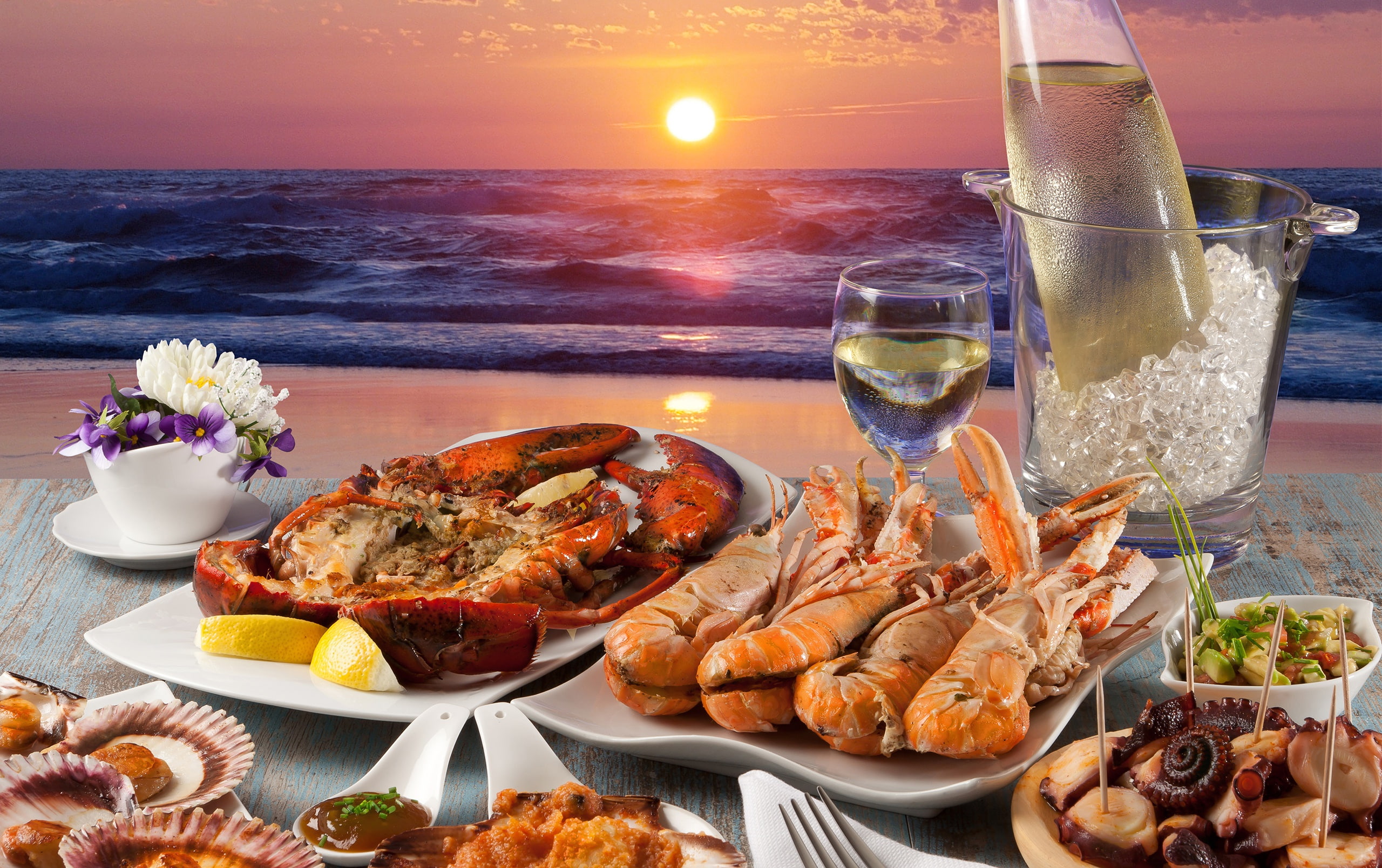 ice, sea, wine, seafood, mussels, lobster