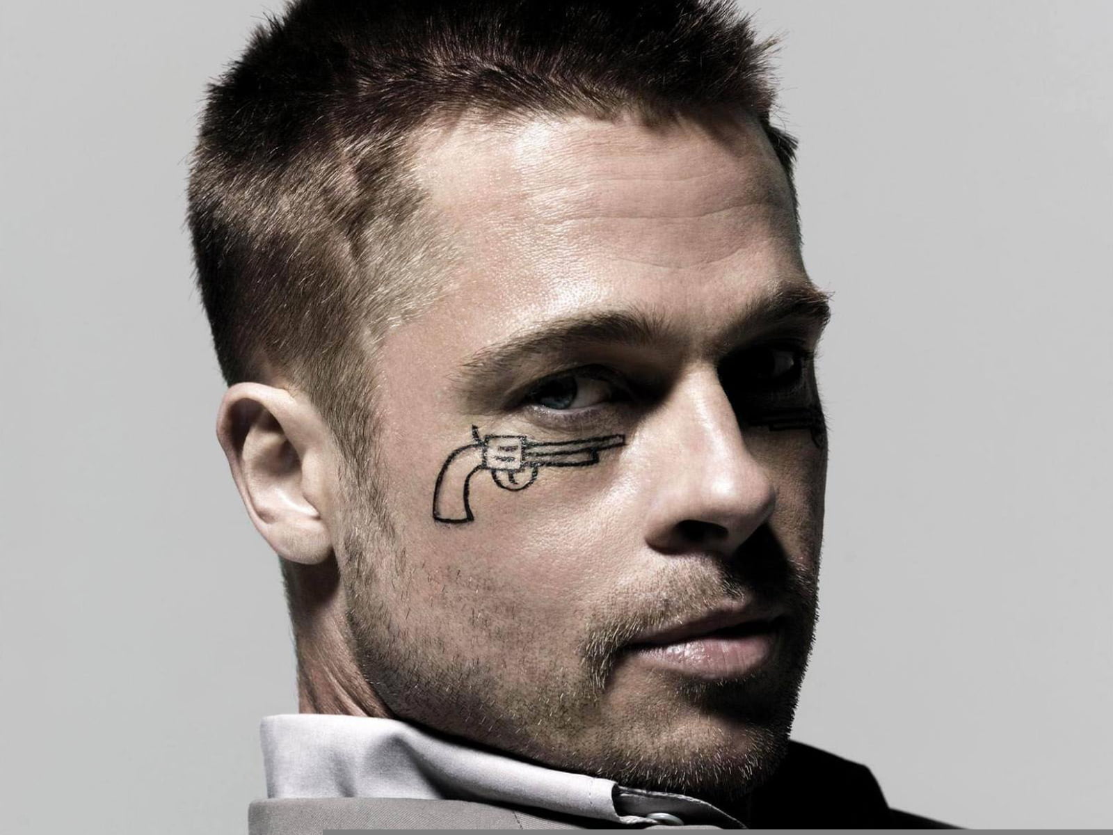 men's grey and white top, actor, face tattoos, Brad Pitt, good:)))