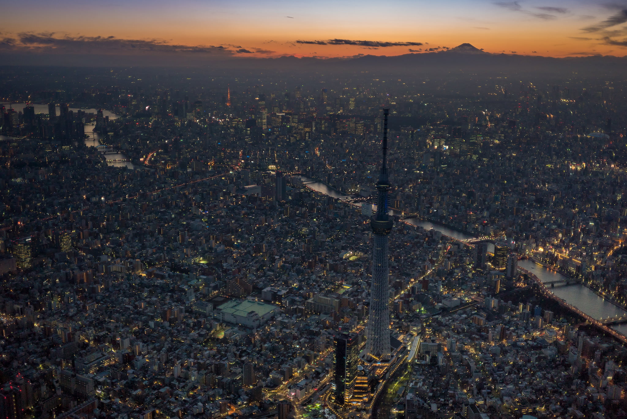 CN Tower, night, the city, Tokyo Skytree, Tokyo Tower and Mount