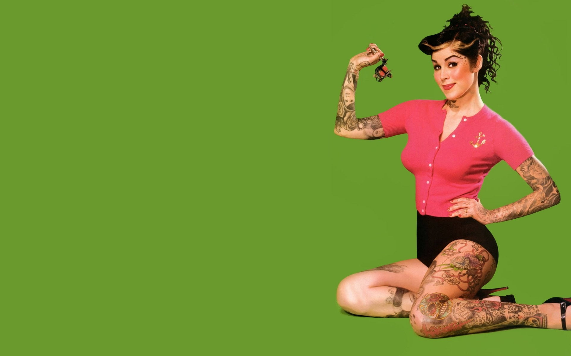 tattoos women pinup kat von d green background 1920x1200  Art Tattoos HD Art