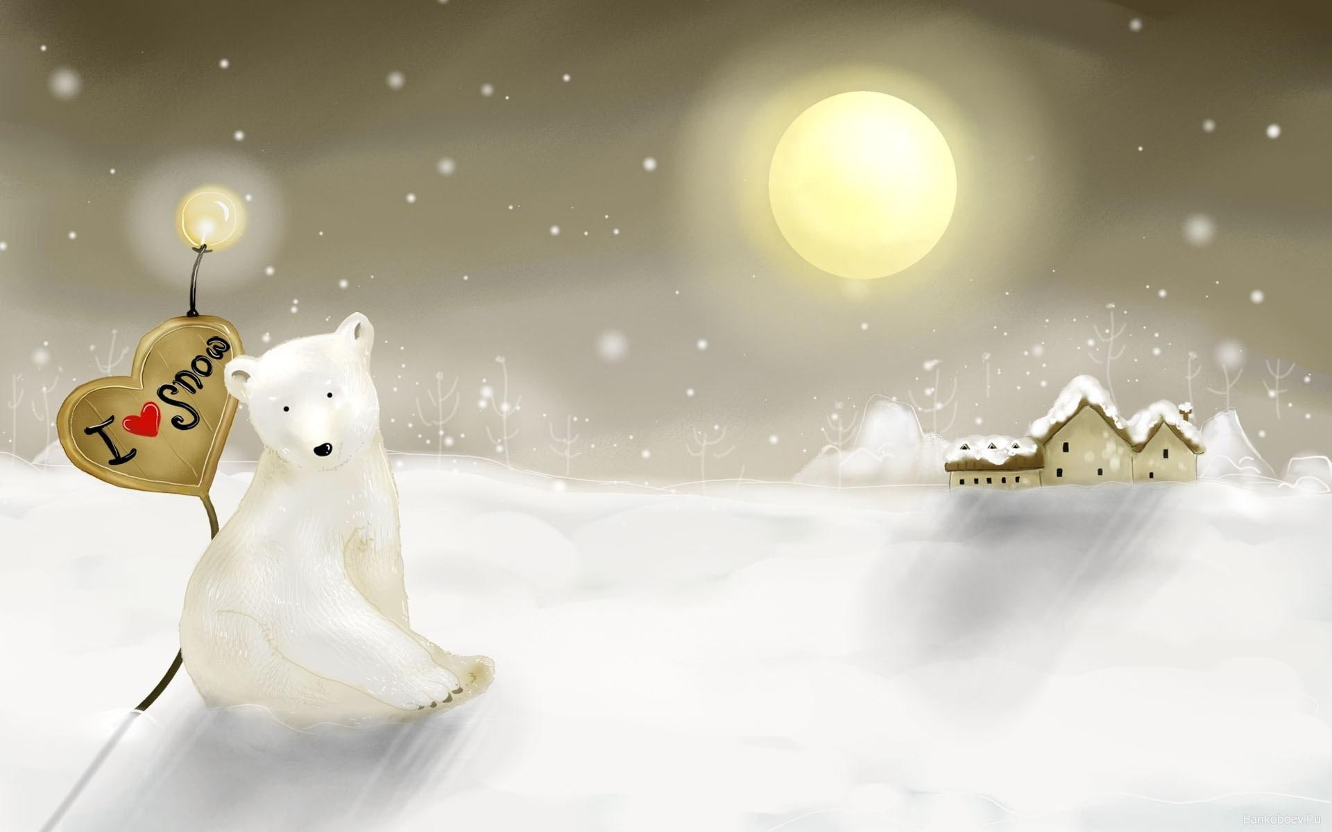 I ♥ Snow, white polar bear illustration, frozen, digital art