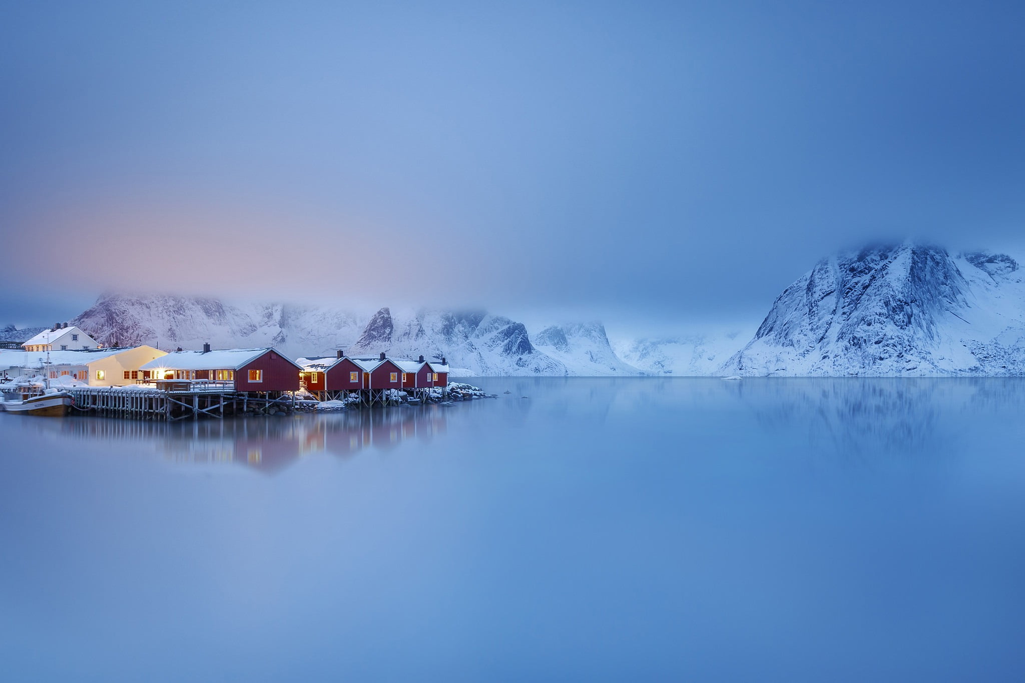 brown house and ice berg, sea, mountains, village, Norway, houses