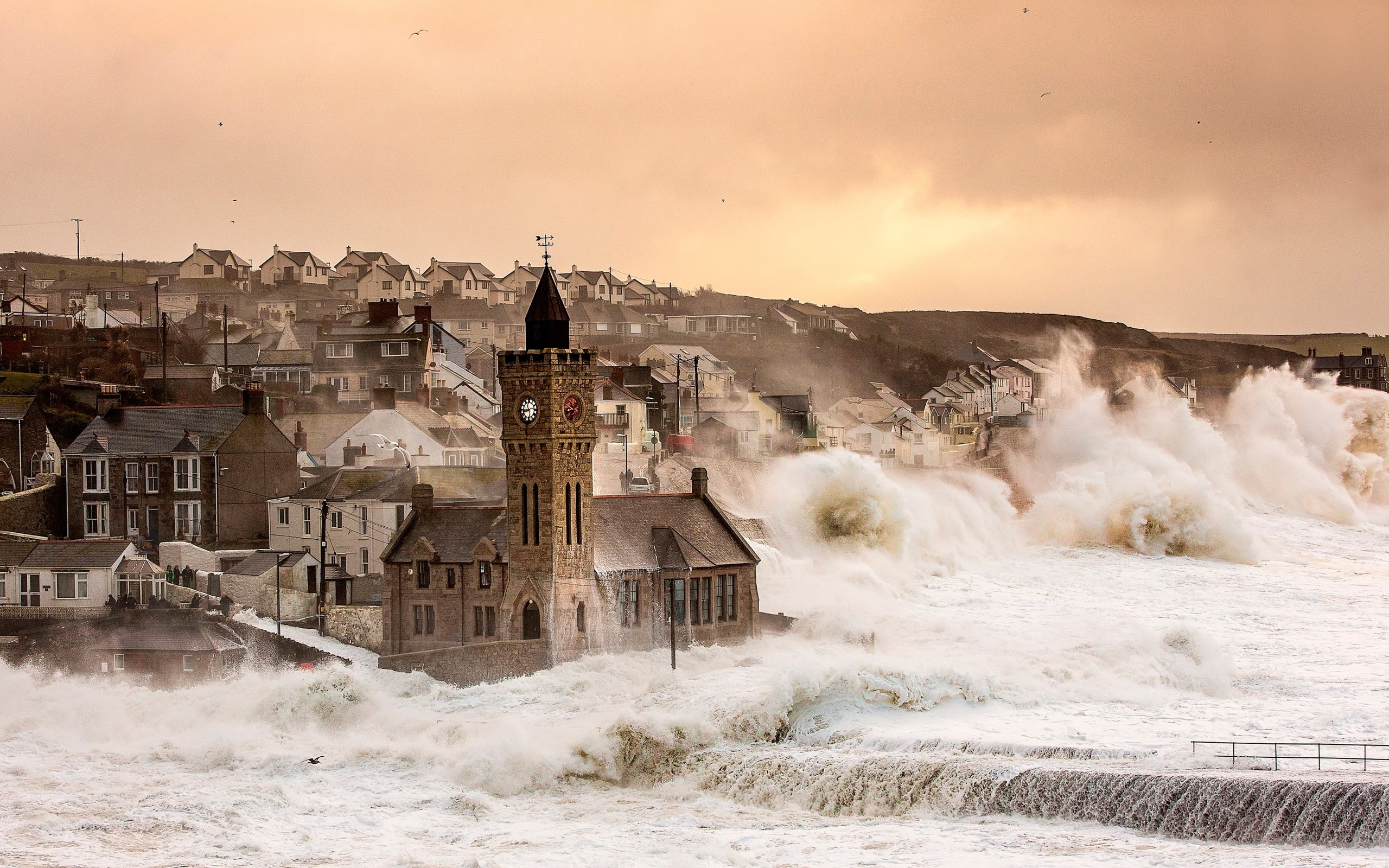 Porthleven, England, UK, houses, storm, brown structure