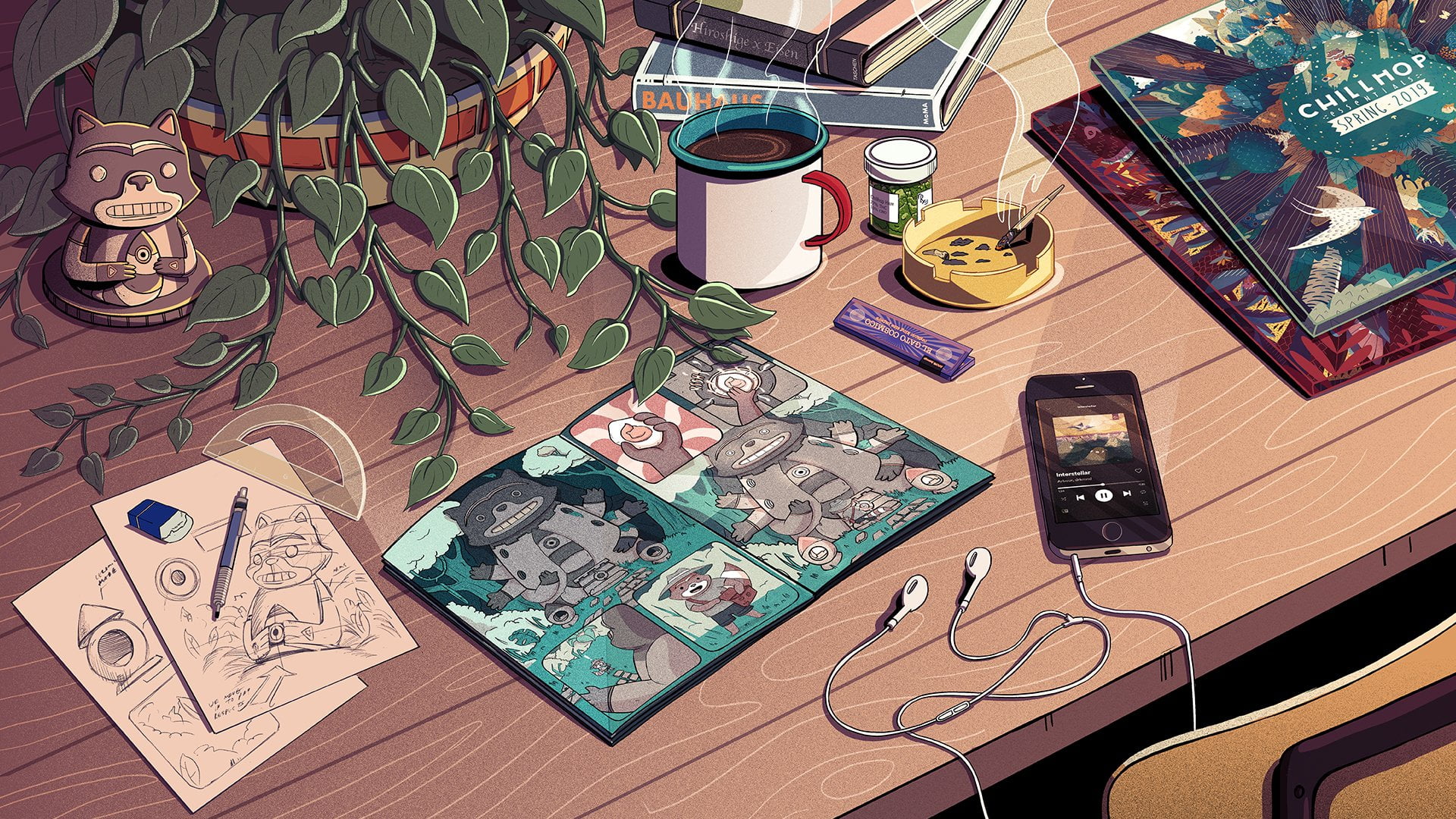 Chillhop Music, iPhone, desk, drawing, coffee, spotify
