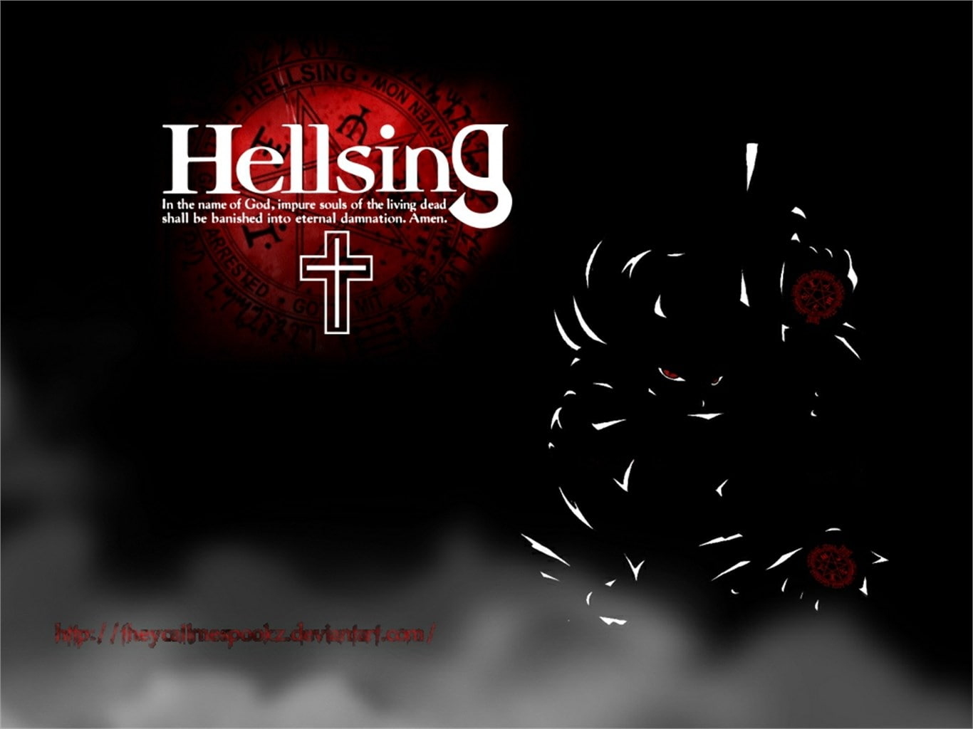 hellsing, text, communication, western script, red, black background