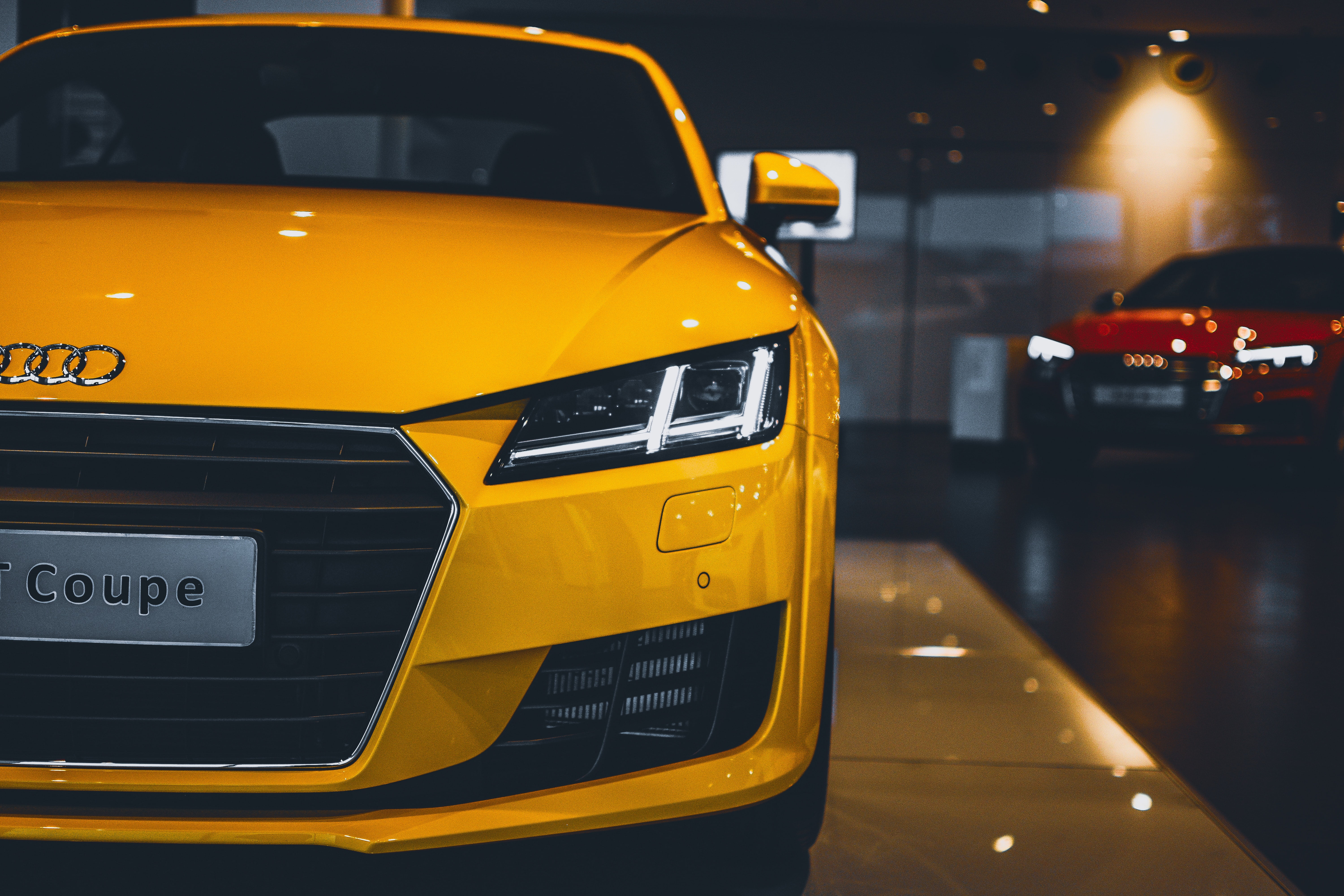 yellow Audi TT coupe, front view, headlight, car, land Vehicle