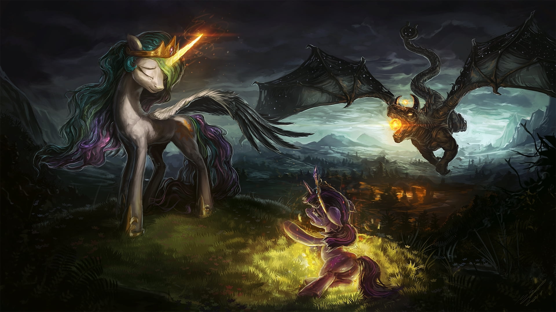 white Unicorn illustration, night, dragon, figure, the victim