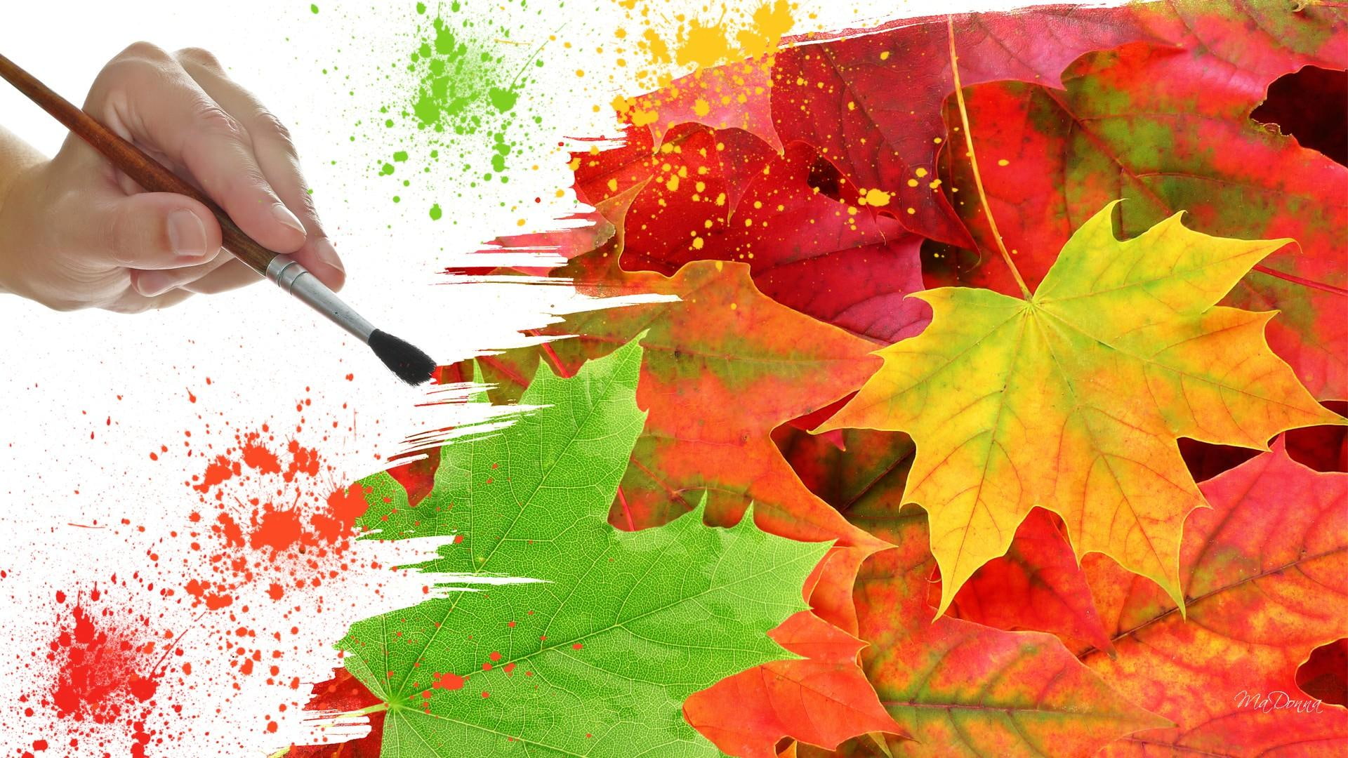 Painting Autumn Colors, hand, orange, splatter, fall, maple, paintbrush