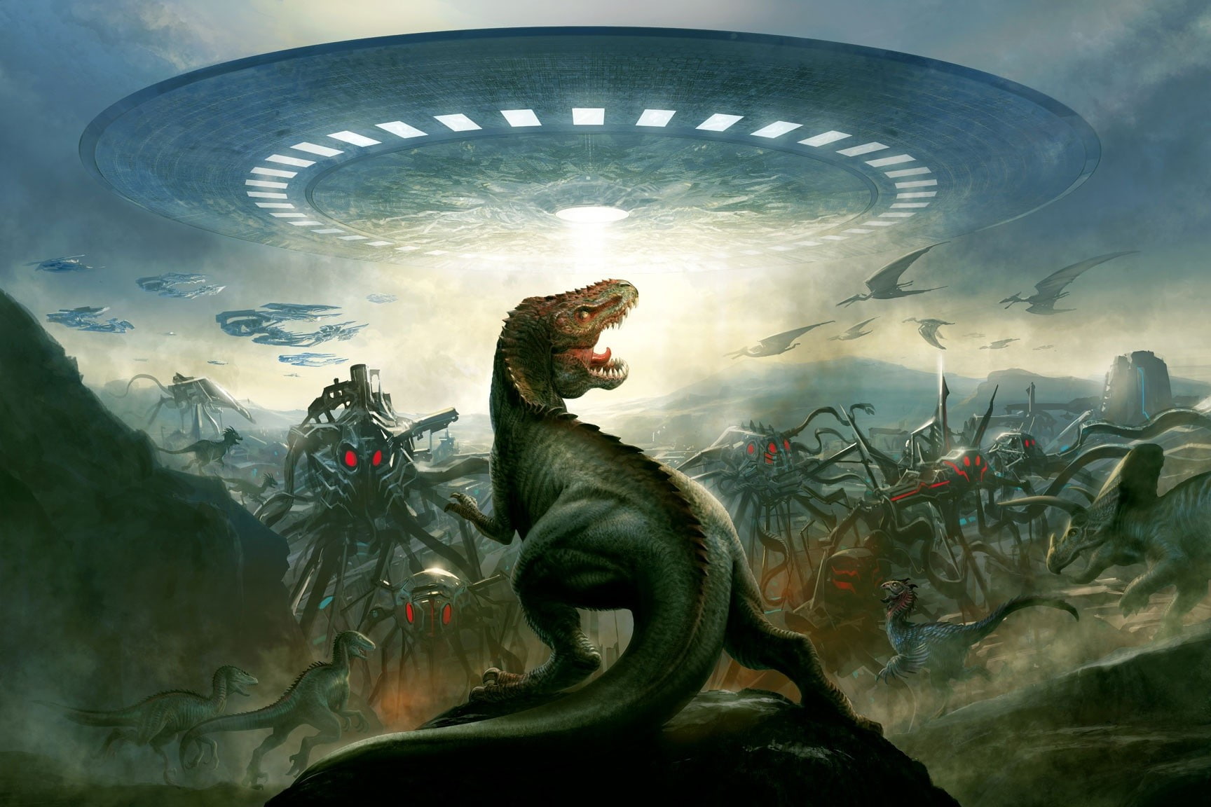 artwork, dinosaurs, UFO, science fiction, art and craft, animal