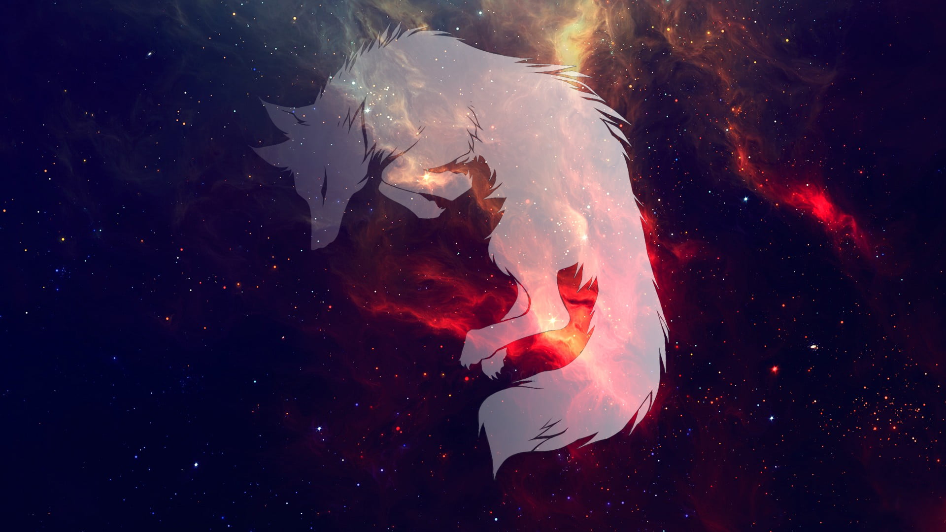 wolf illustration, space, galaxy, sleeping, animal themes, animals in the wild