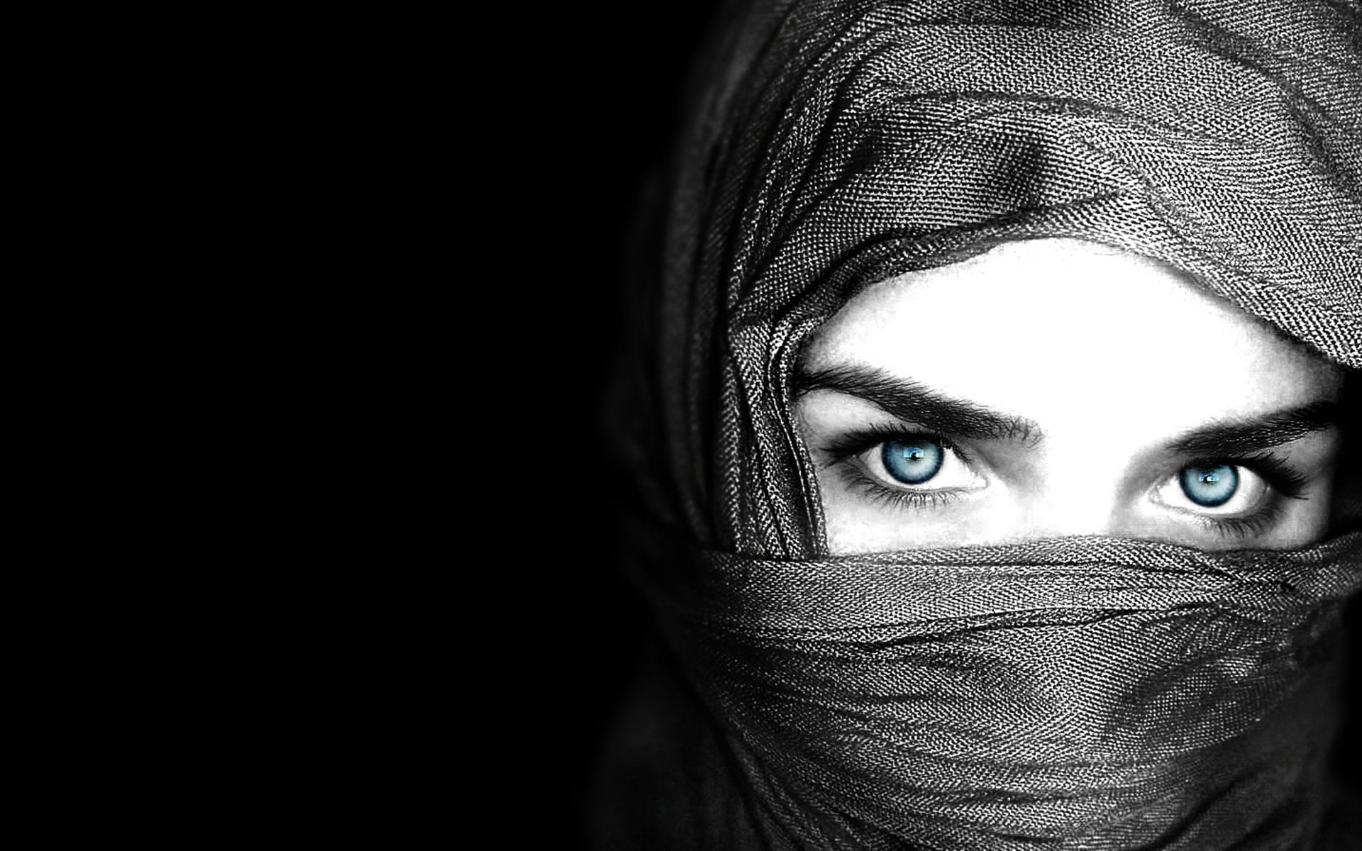 women's hijab headdress, eyes, face, black background, human Face