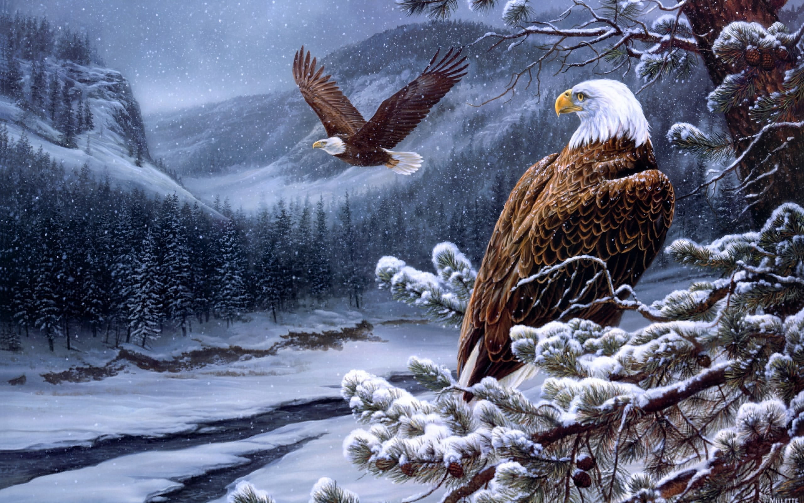 bald eagle poster, winter, forest, mountains, ate, painting, the eagles