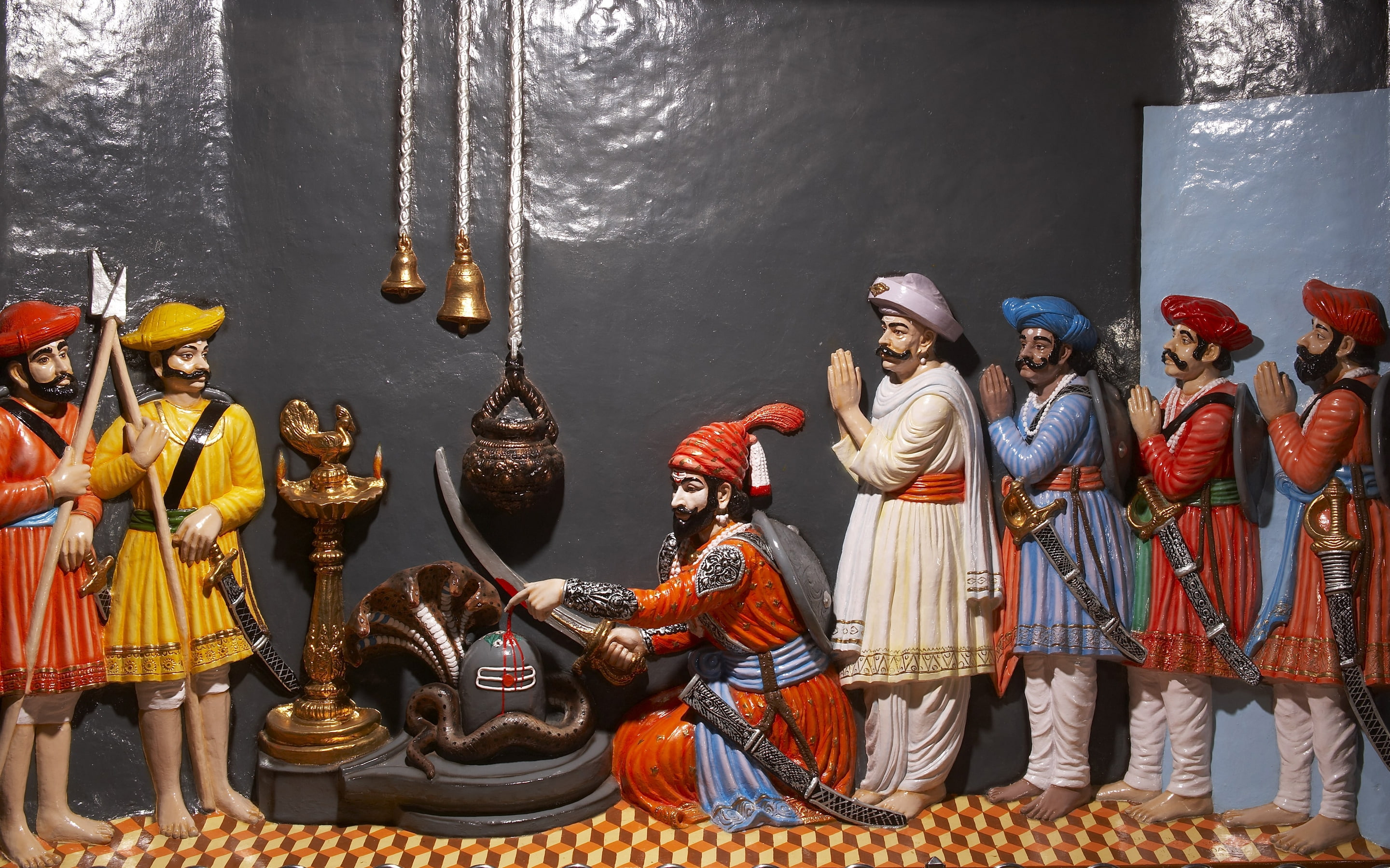 Shivaji Maharaj, seven men ceramic figurines, statue, religion