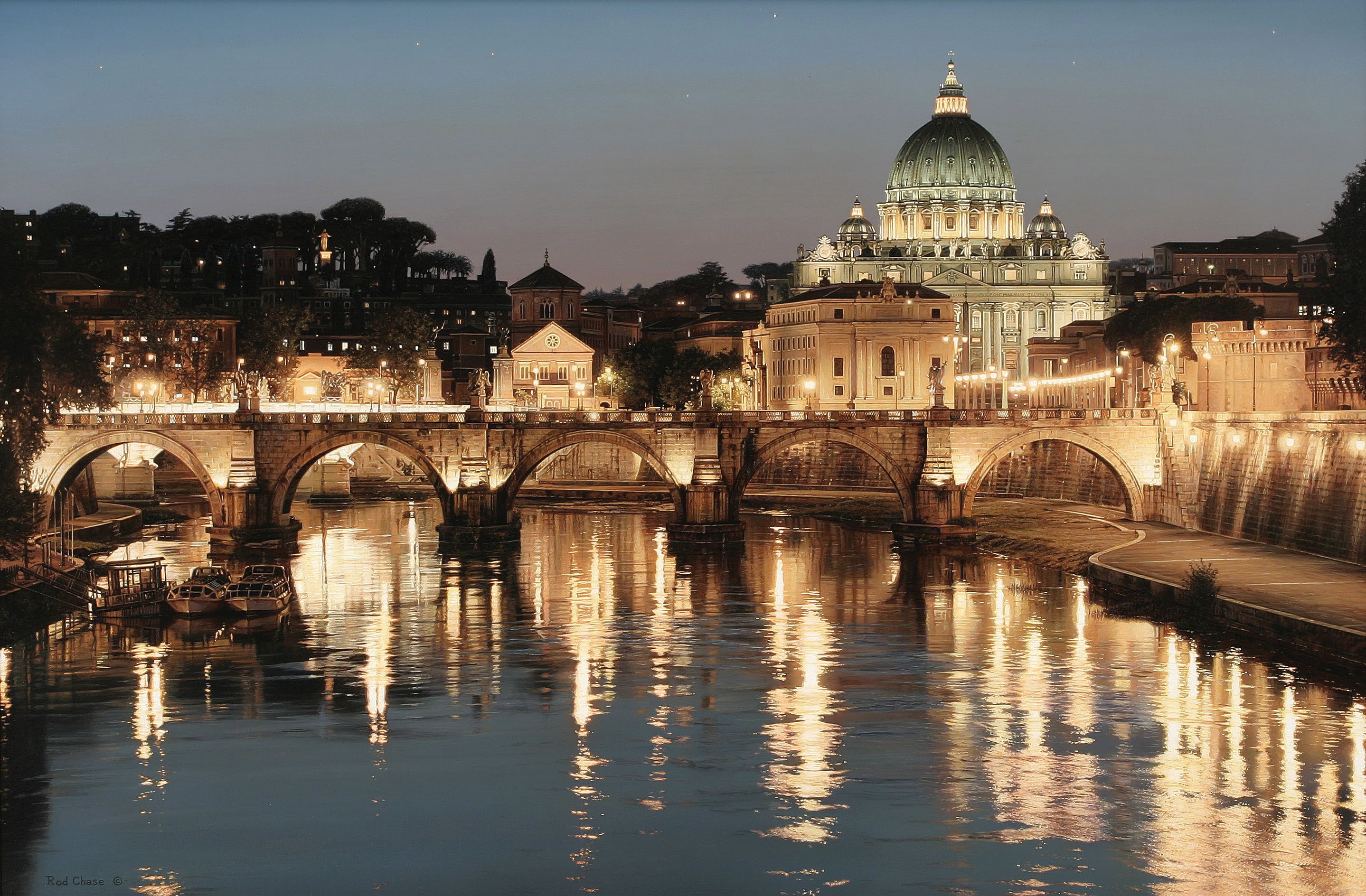 concrete arch bridge, the city, lights, river, Rome, Italy, art