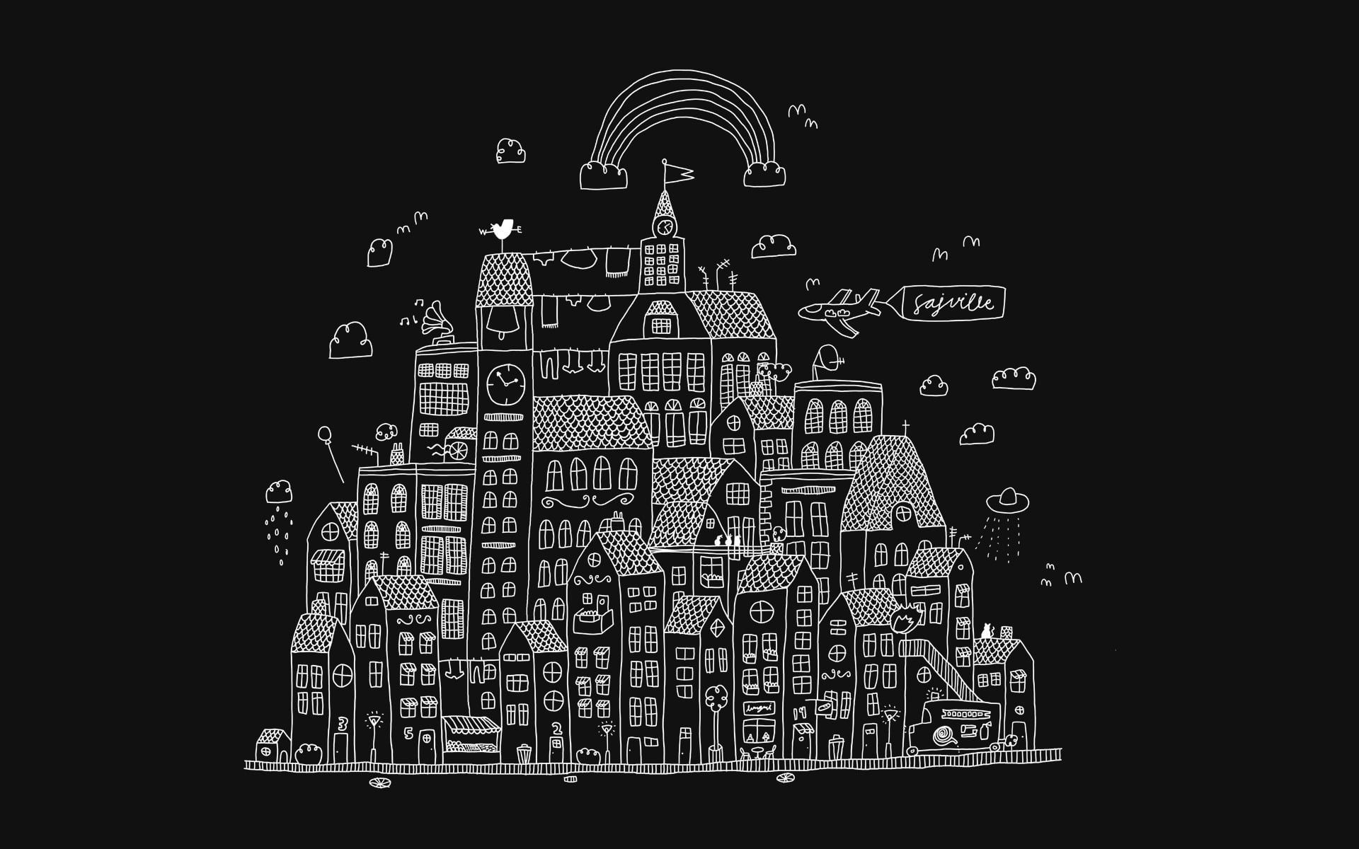 grey and black cluster houses sketch, clouds, the city, figure