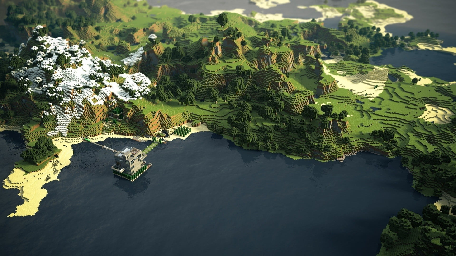 game map illustration, Minecraft, coast, mountains, trees, beach