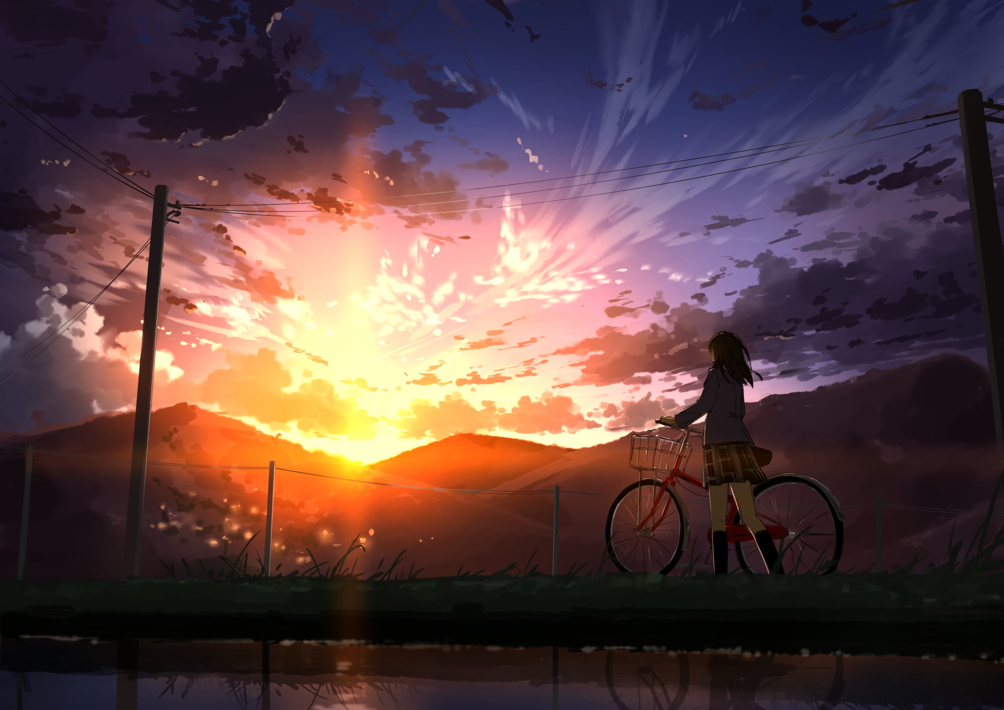 Anime, Original, Bike, Brown Hair, Long Hair, Sunset, Telephone Pole
