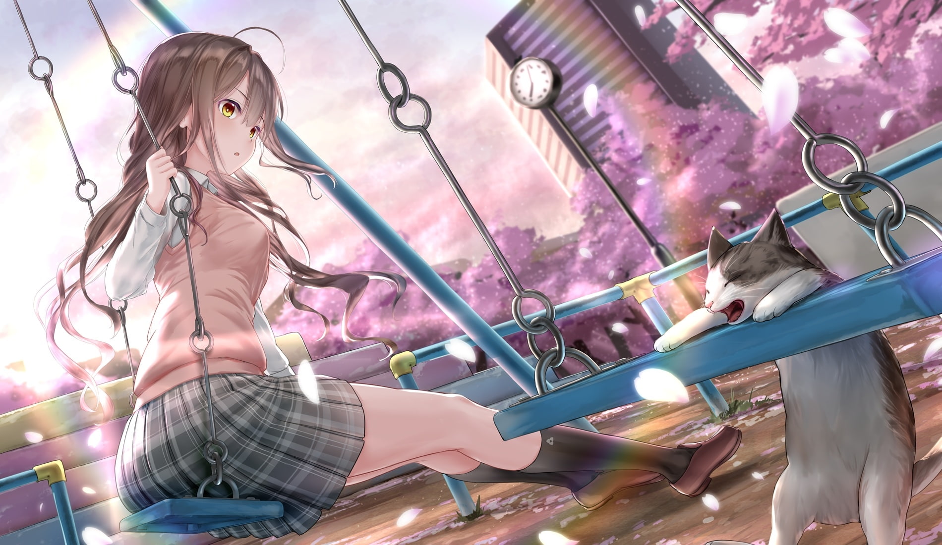 anime girl, funny cat, swing, cherry blossom, brown hair, school uniform