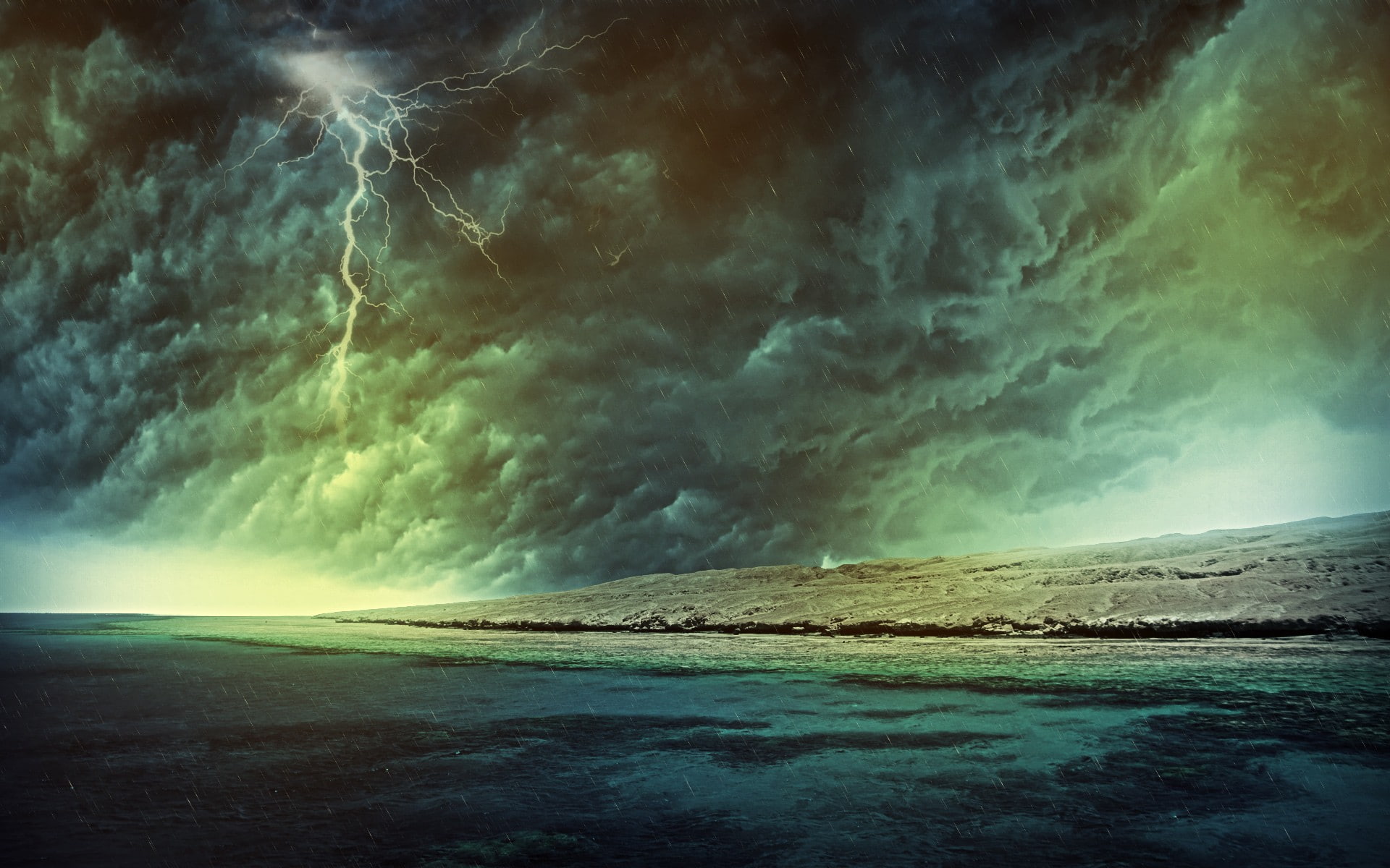 Lightning Storm Rain Clouds Ocean Beach HD, nature