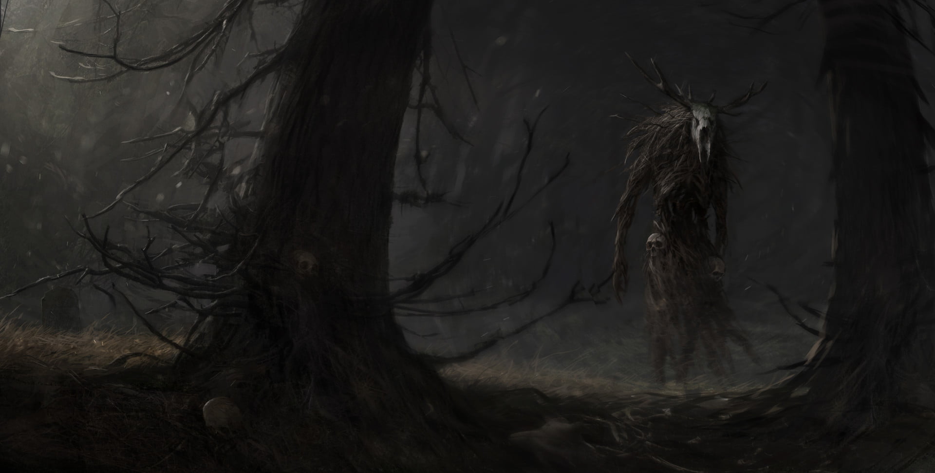 Artem Demura, forest, skull, horror, ancient, river, creature